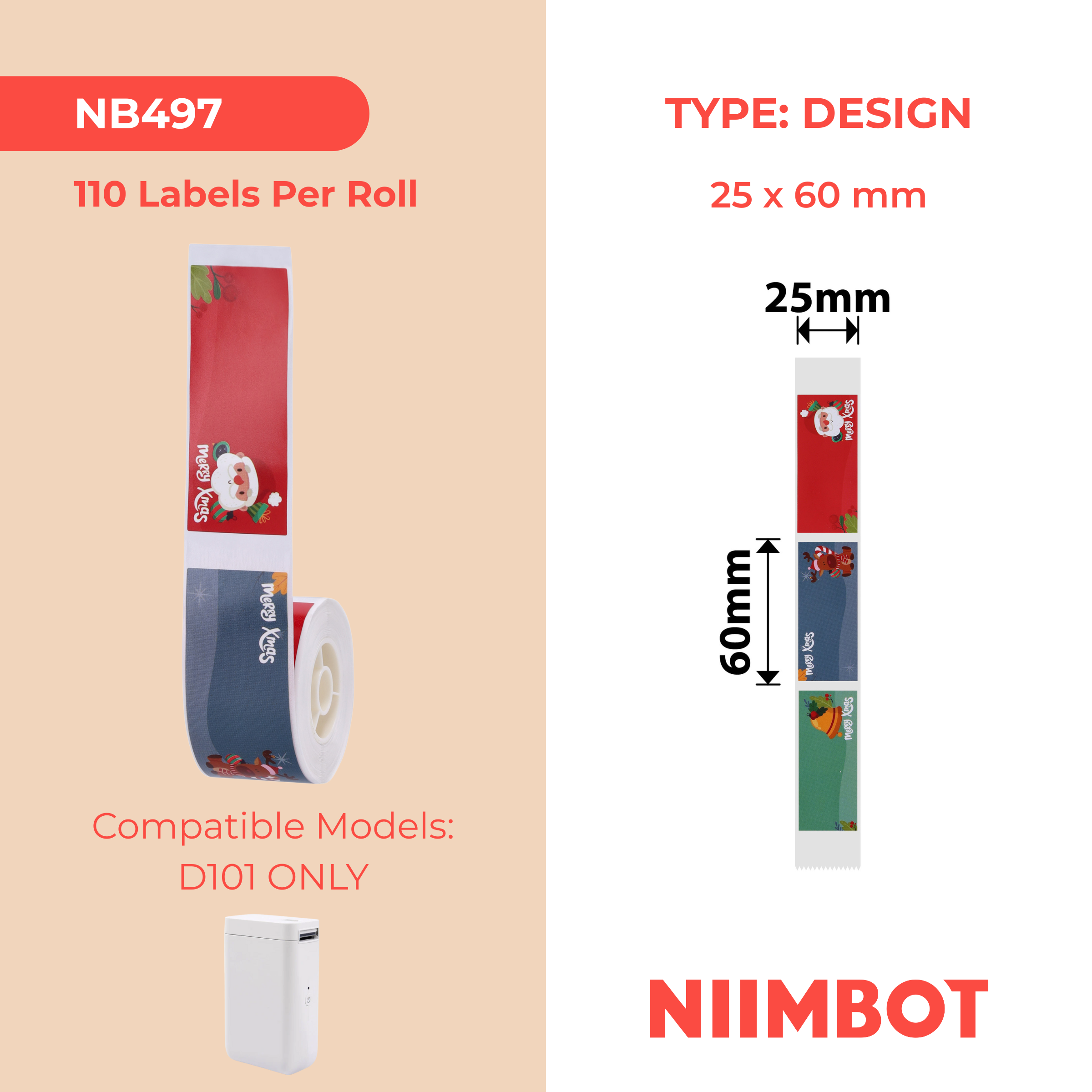 NB497 - NIIMBOT - D101 ONLY - R25X60MM - 110 LABELS PER ROLL - CHRISTMAS
