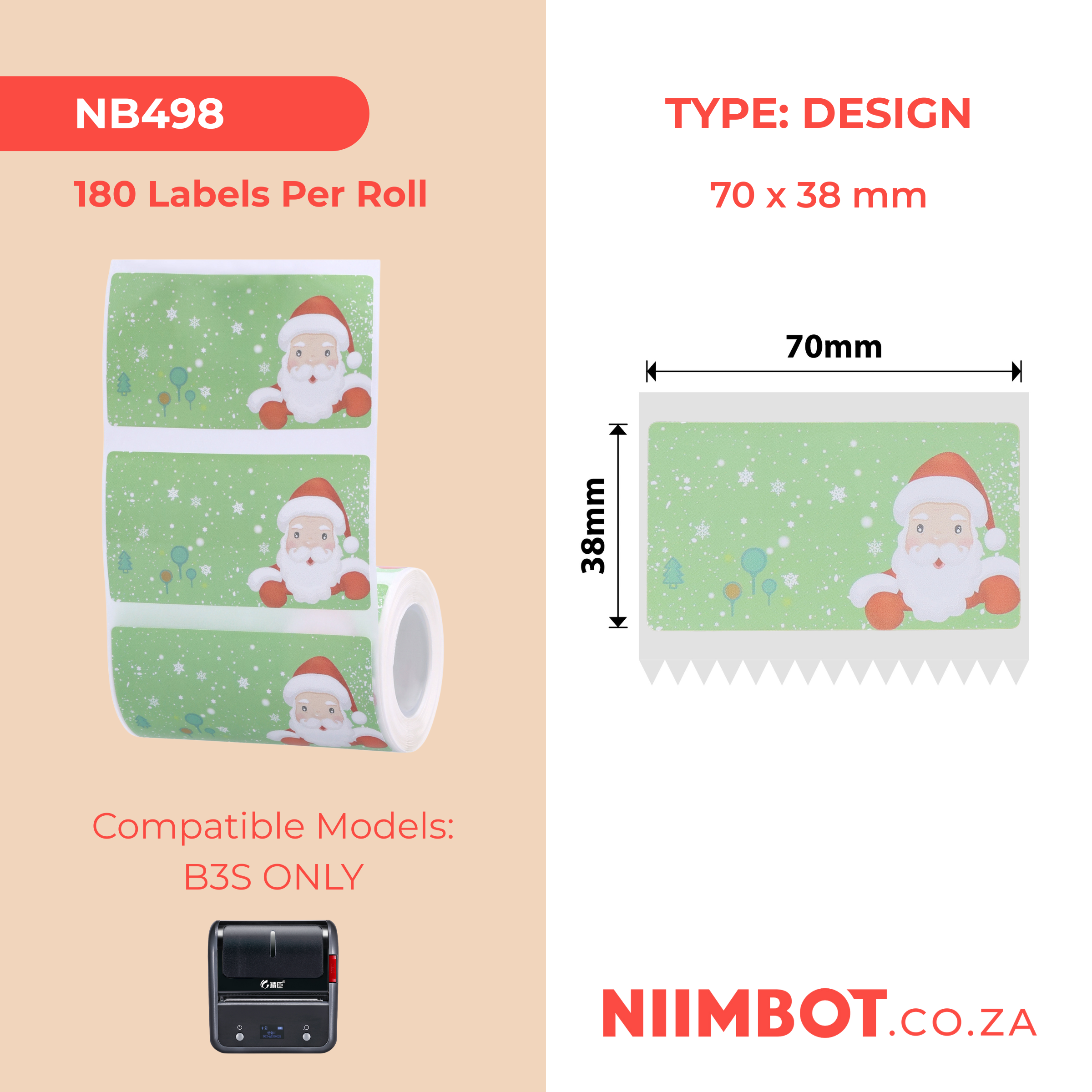 NB498 - NIIMBOT - SLEGS B3S - T70*38MM - 180 ETIKETTE PER ROL - KERSFEES