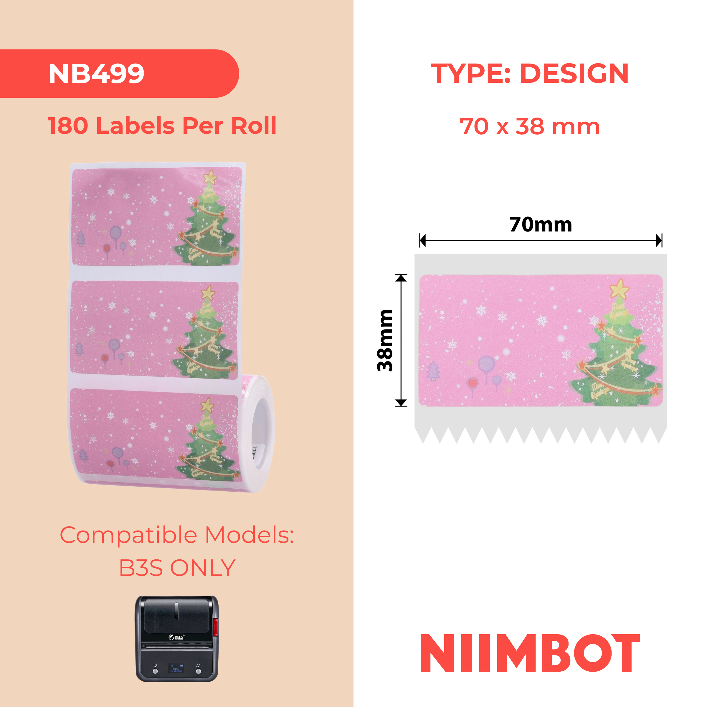 NB499 - NIIMBOT - B3S ONLY - 70X38MM - 180 LABELS PER ROLL - CHRISTMAS TREE