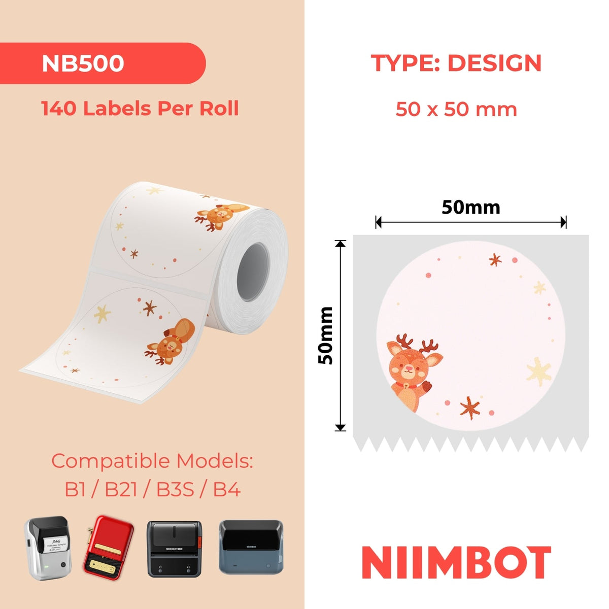 NIIMBOT - B Range - 50x50mm - Christmas Elk - 140 Labels