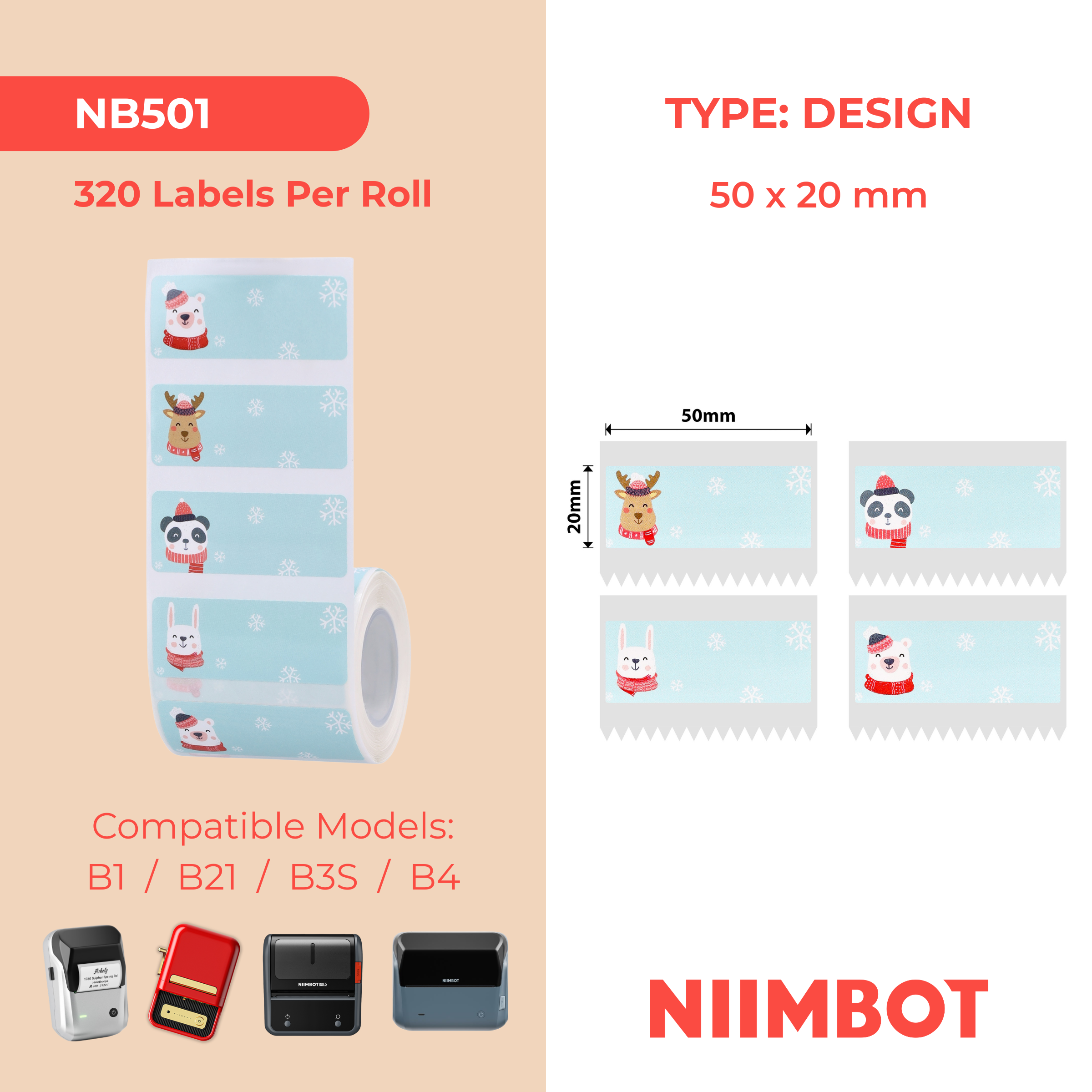 NB501 - NIIMBOT - B1 / B21 / B3S - 50*20MM - 320 ETIKETTE PER ROL - KERSFEES OU