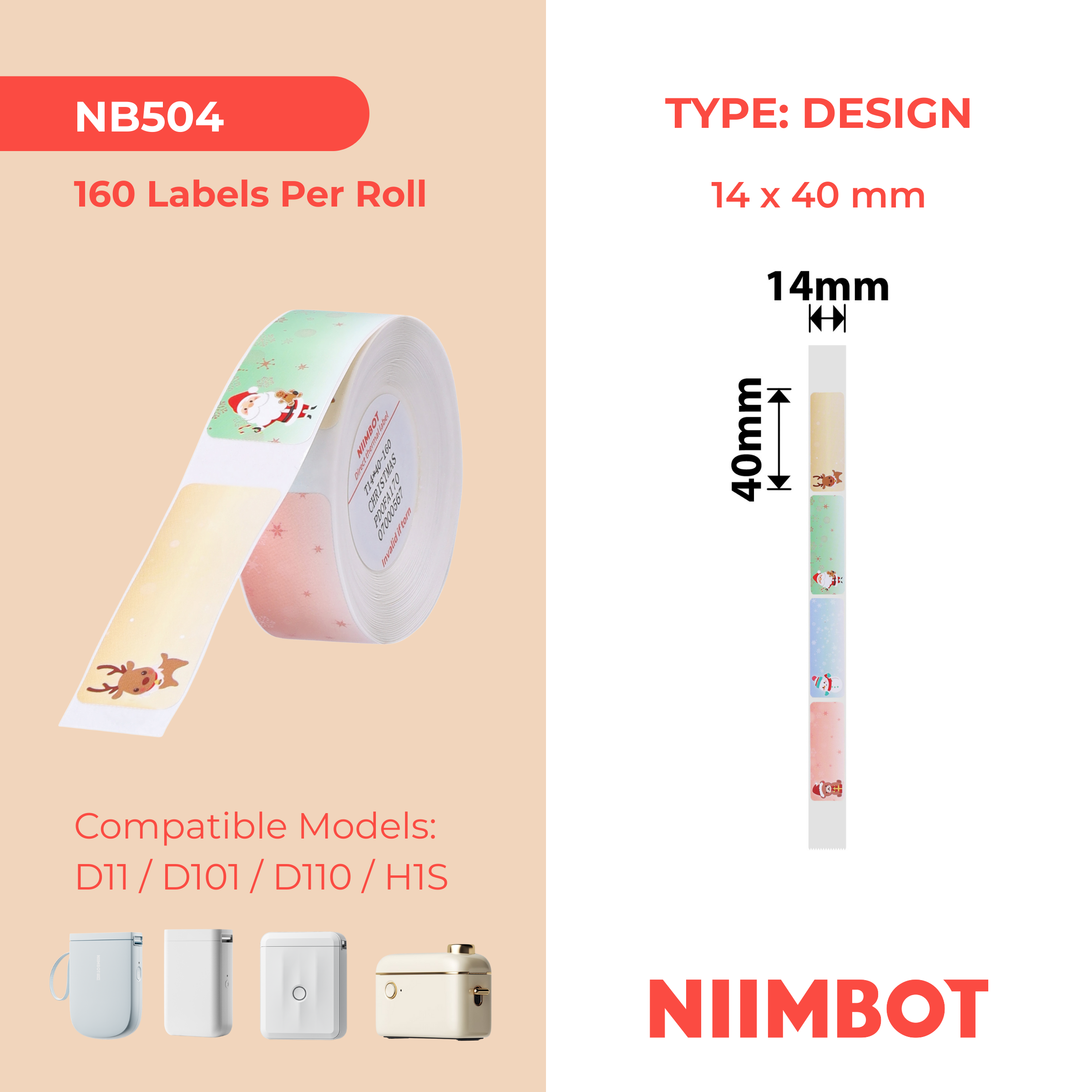 NB504 - NIIMBOT - D11 / D101 / D110 / H1S - R14X40MM - 160 LABELS PER ROLL - CHRISTMAS