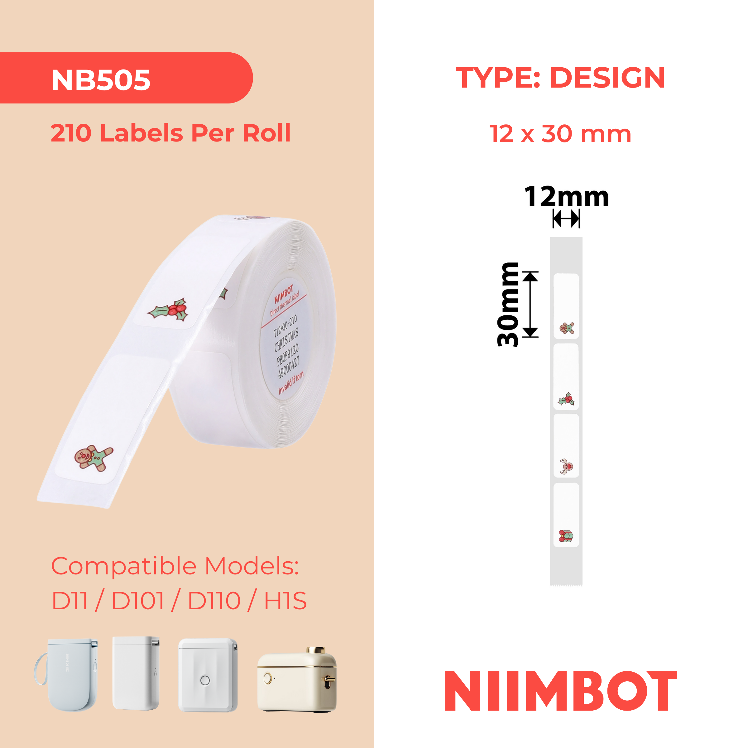 NB505 - NIIMBOT - D11 / D101 / D110 / H1S - T12X30MM - 210 LABELS PER ROLL - CHRISTMAS