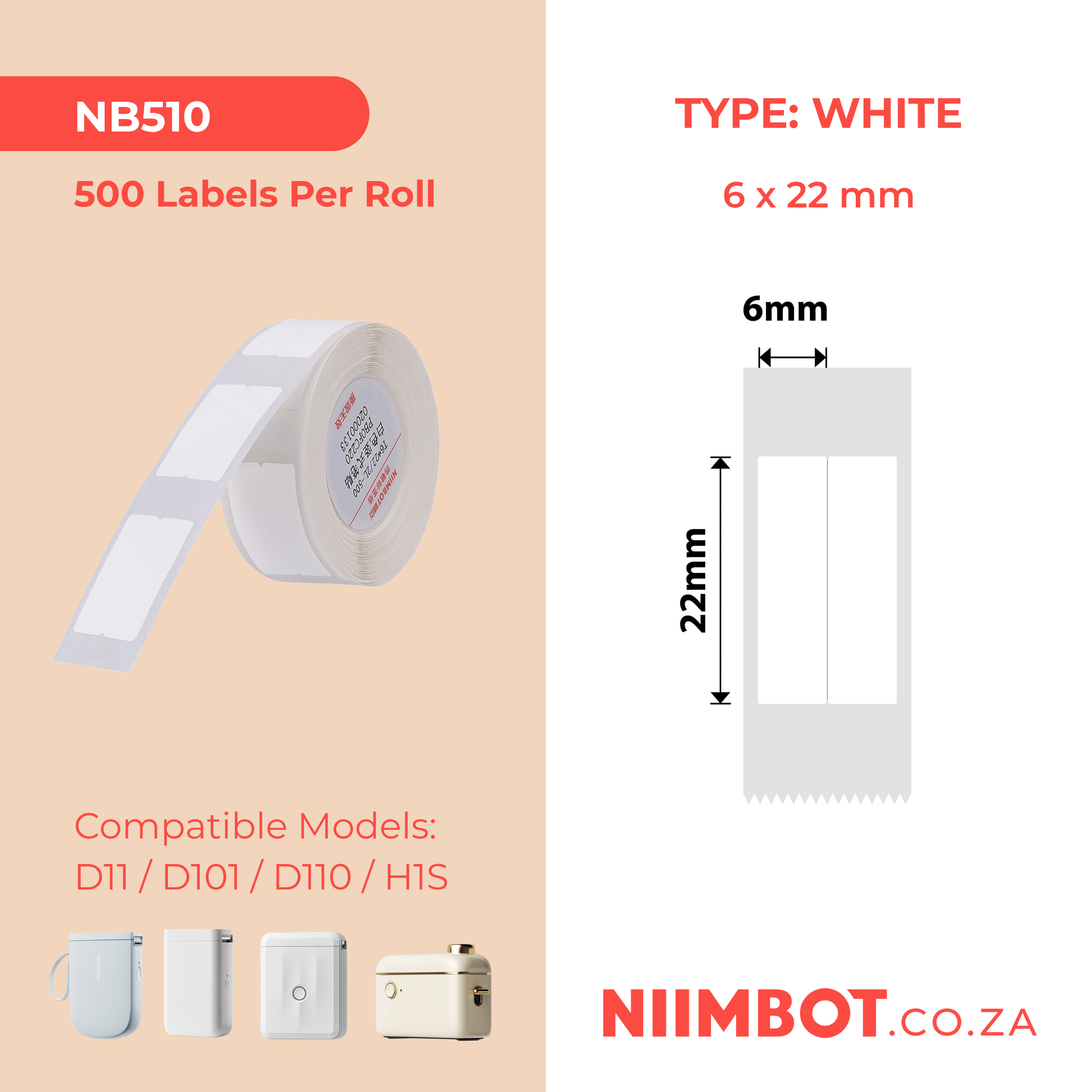 NB510 - NIIMBOT - D11 / D101 / D110 / H1S - 6X22MM/2L - 500 LABELS PER ROLL - WHITE VERTICAL PEN STICKERS (STATIONARY)