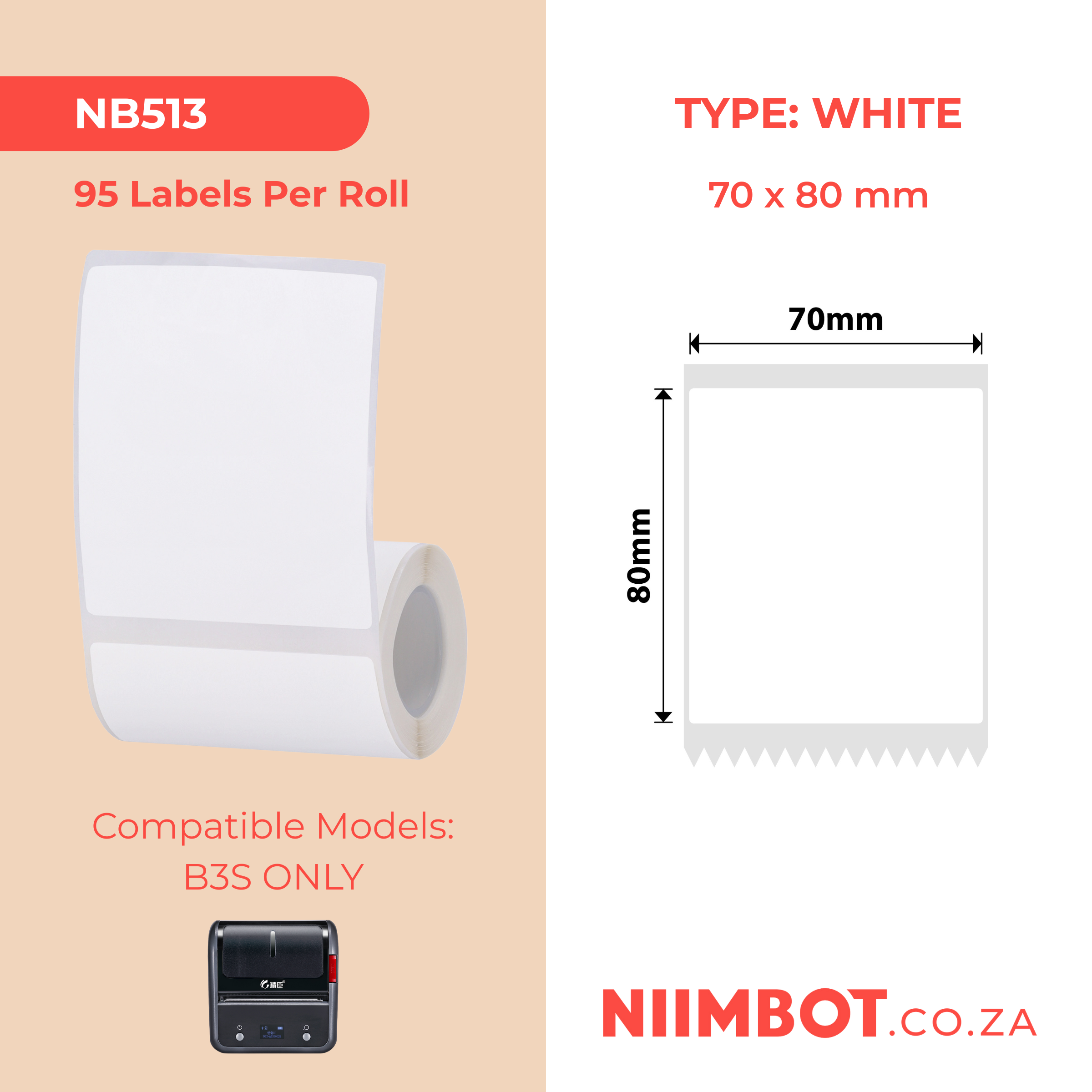 NB513 - Niimbot - B3S / B31 / B4 Only - 70x80mm - 95 White Labels