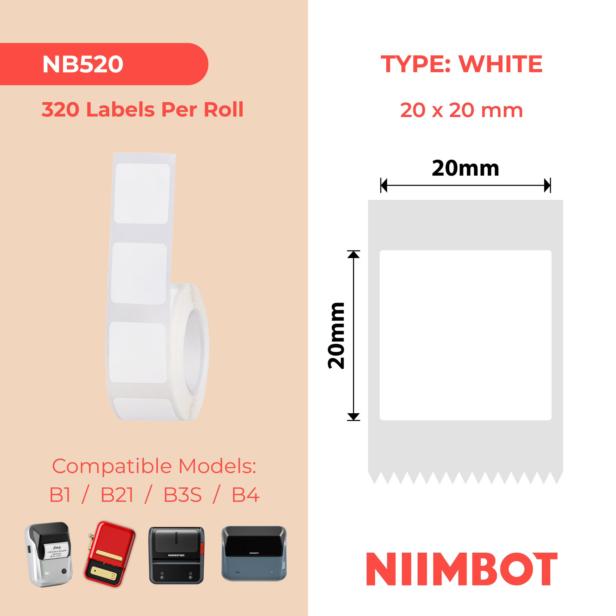 NB520 - Niimbot - B1 / B21 / B31 / B3S / B4 - 20x20mm - 315 White F Labels