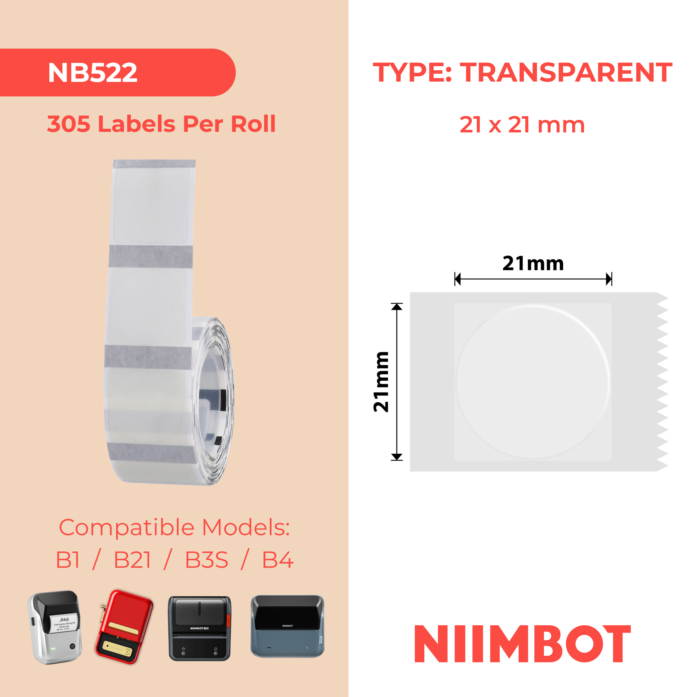 NB522 - NIIMBOT - B1 / B21 / B3S - T21*21MM - 305 ETIKETTE PER ROL - ROND - DEURSIGTIG
