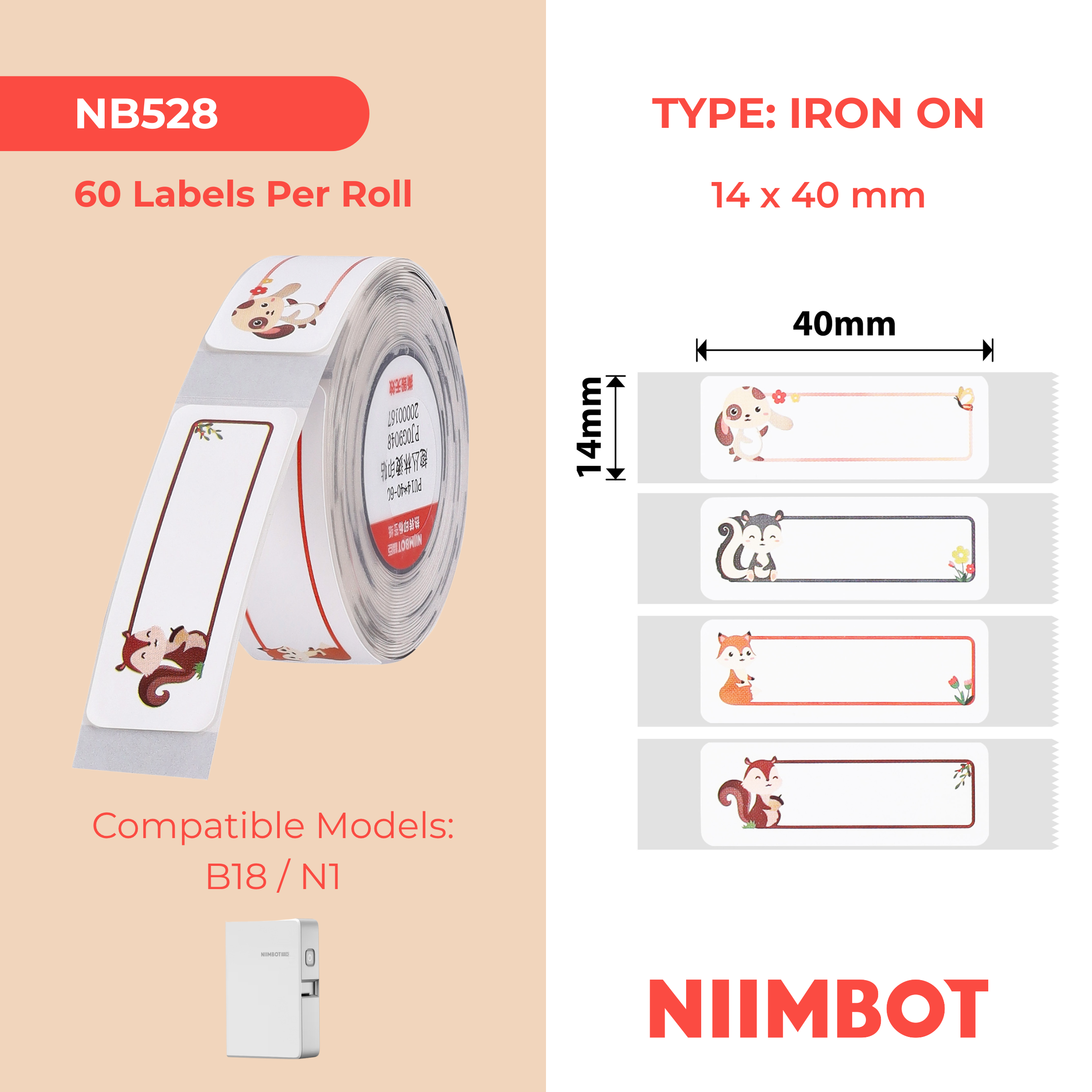 NB528 - Niimbot - N1 - 14x40mm - 60 Fun Jungle Iron On Labels