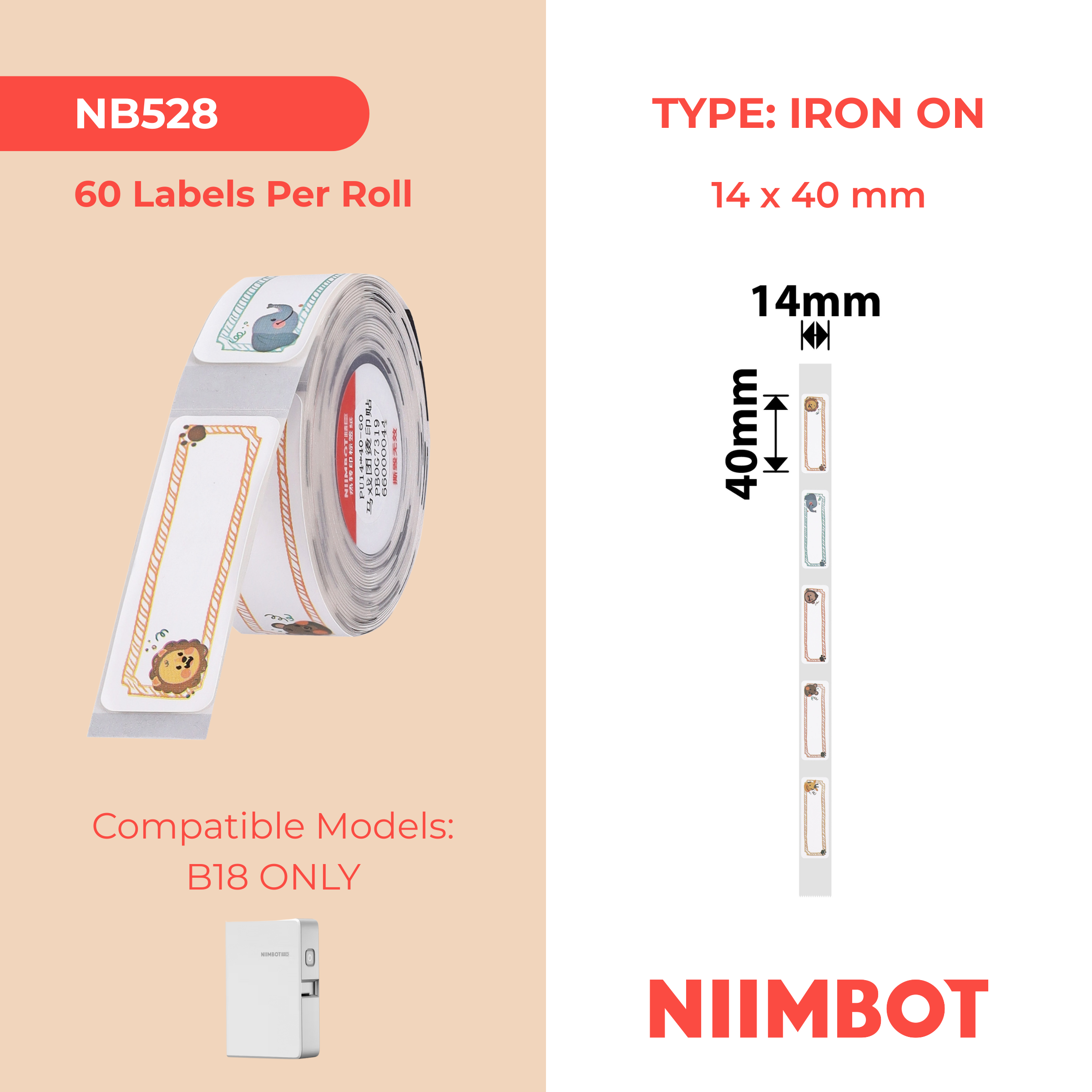 NB528 - NIIMBOT - B18 / N1 - PU14X40mm - 60 LABELS PER ROLL - IRON ON LABEL - FUN JUNGLE