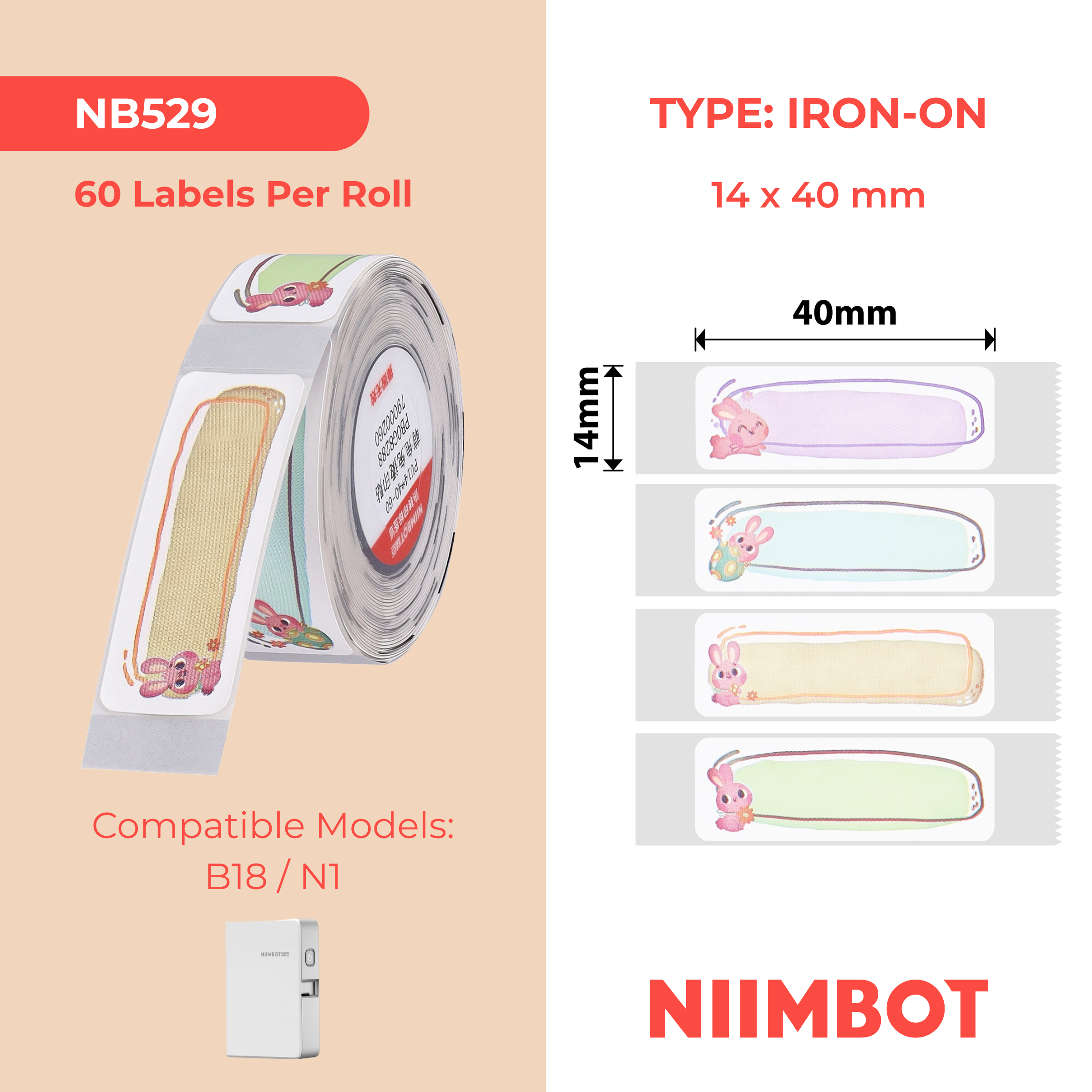 NB529 - Niimbot - N1 - 14x40mm - 60 Cute Bunny Iron On Labels