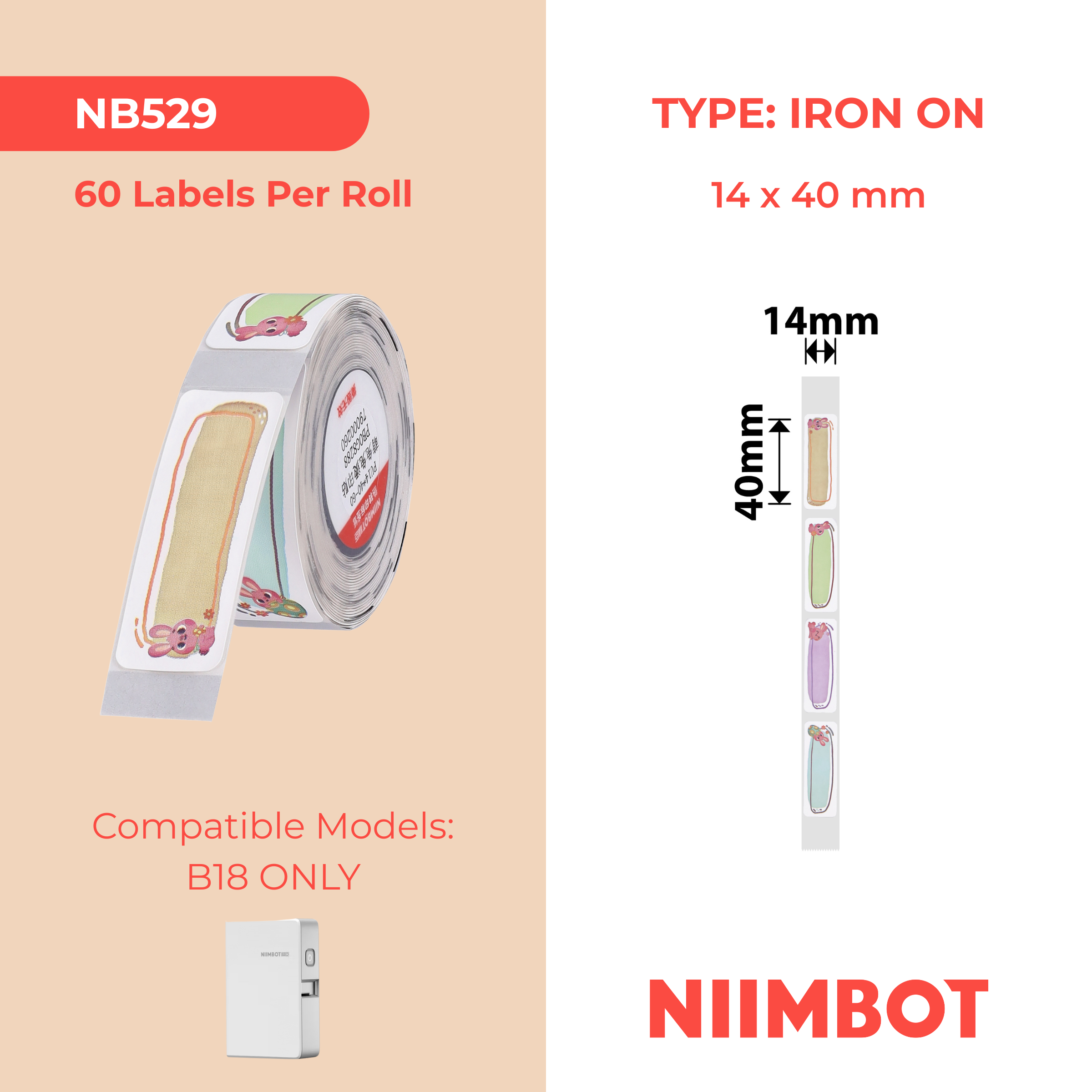 NB529 - NIIMBOT - B18 / N1 - PU14X40mm - 60 LABELS PER ROLL - IRON ON LABEL - CUTE BUNNY
