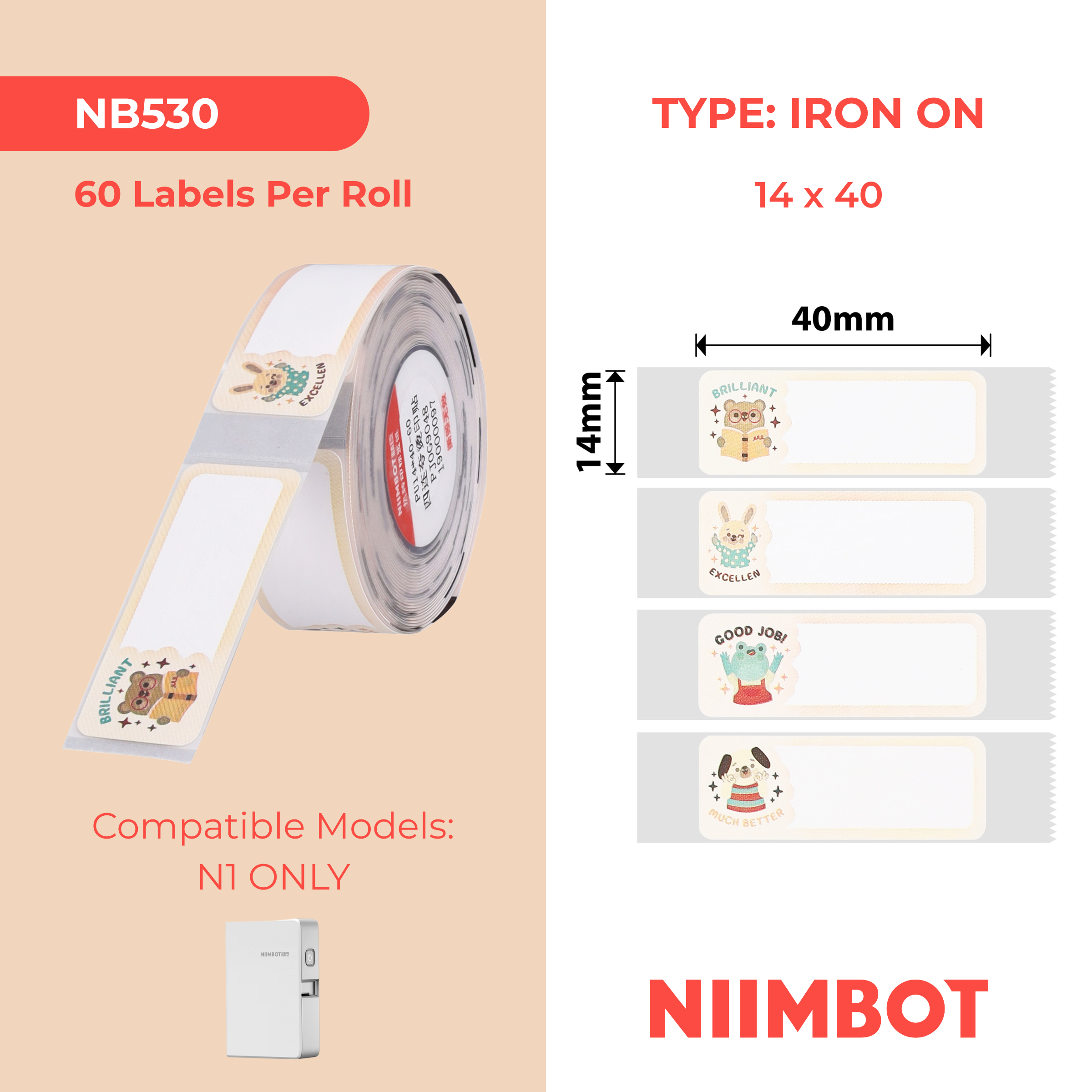 NB530 - NIIMBOT - B18 - PU14*40mm - 60 AMALEBULA NGALINYE ROLL - IRON EMBHALO - IZILWANE