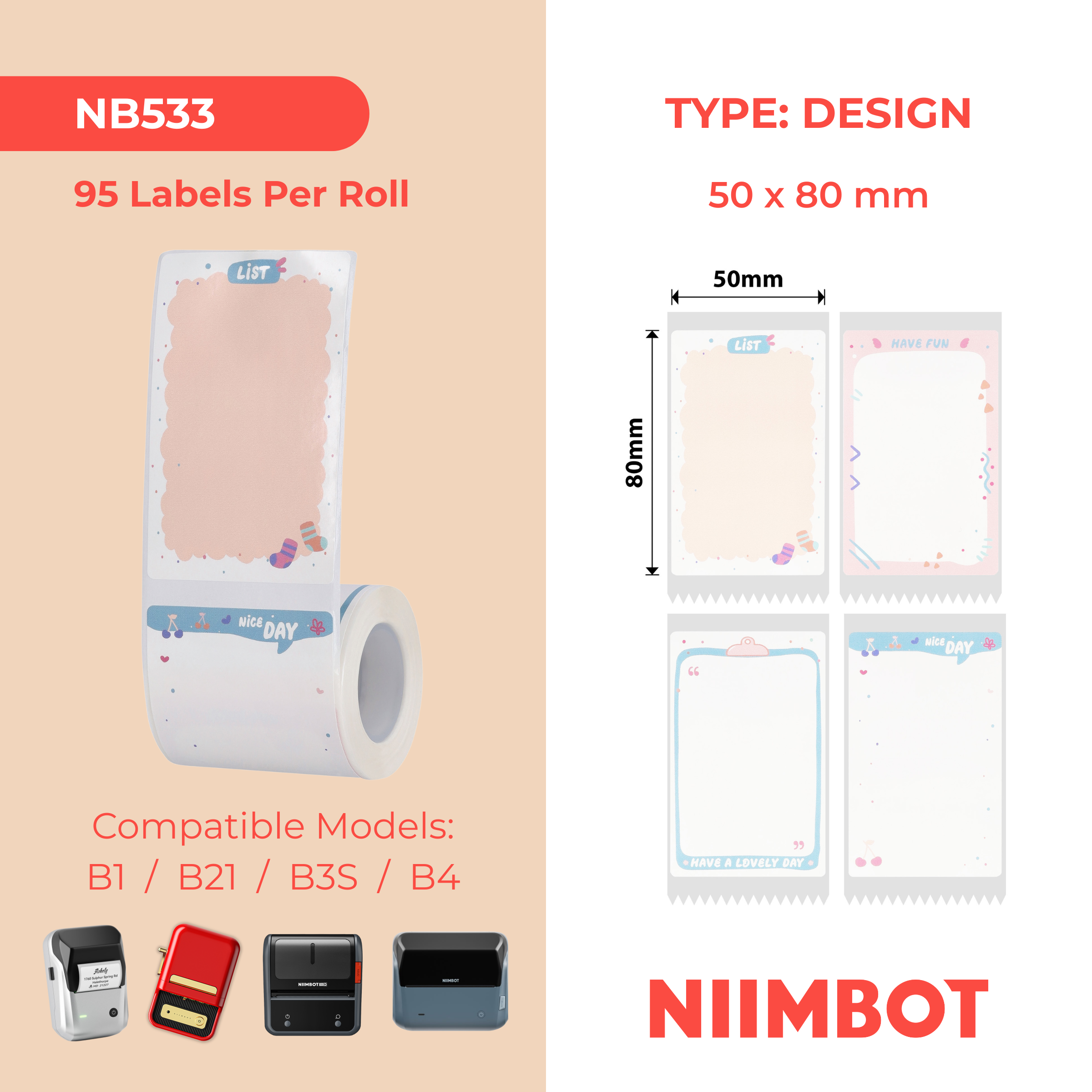 NB533 - NIIMBOT - B1 / B21 / B3S - T50*80MM - 95 ETIKETTE - OULIKE MEMO