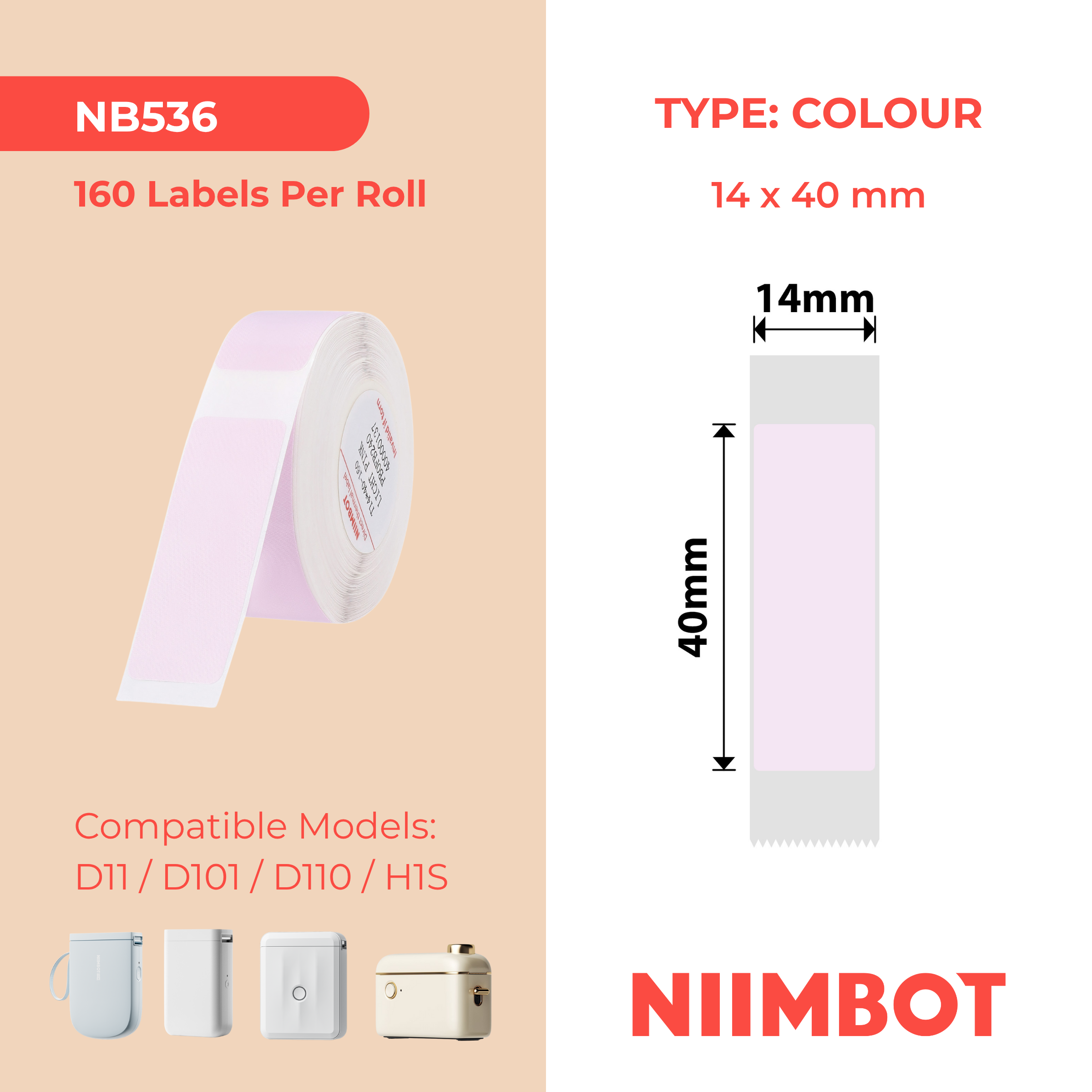 NIIMBOT - D Range - 14x40mm - Light Pink - 155 Labels