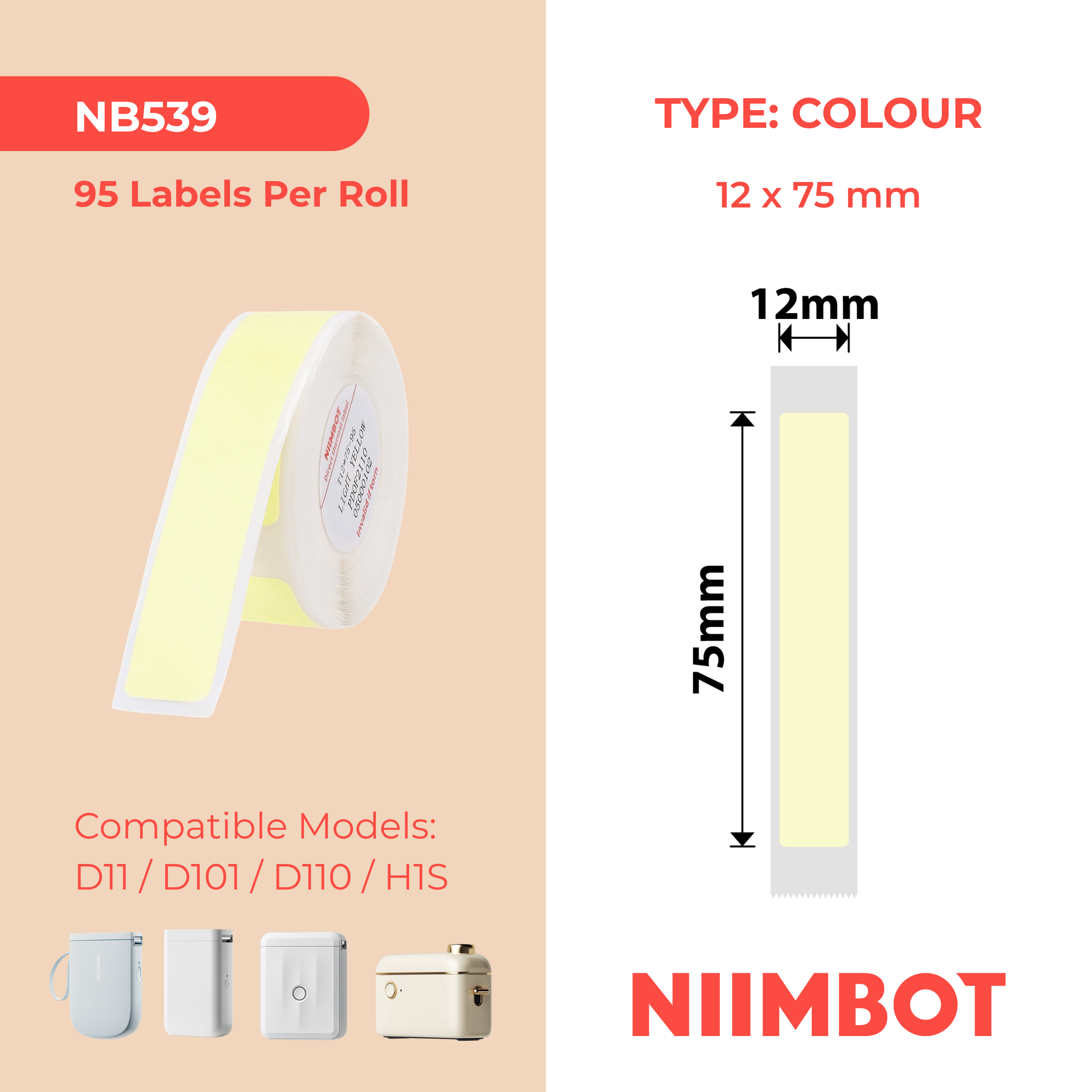 NIIMBOT - D Range - 12x75mm - Light Yellow - 90 Labels