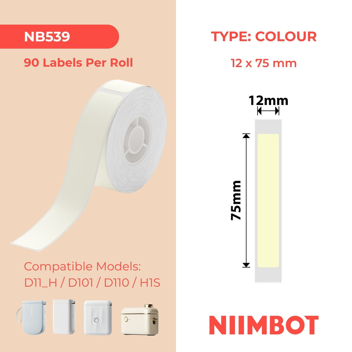 NIIMBOT - D Range - 12x75mm - Light Yellow - 90 Labels
