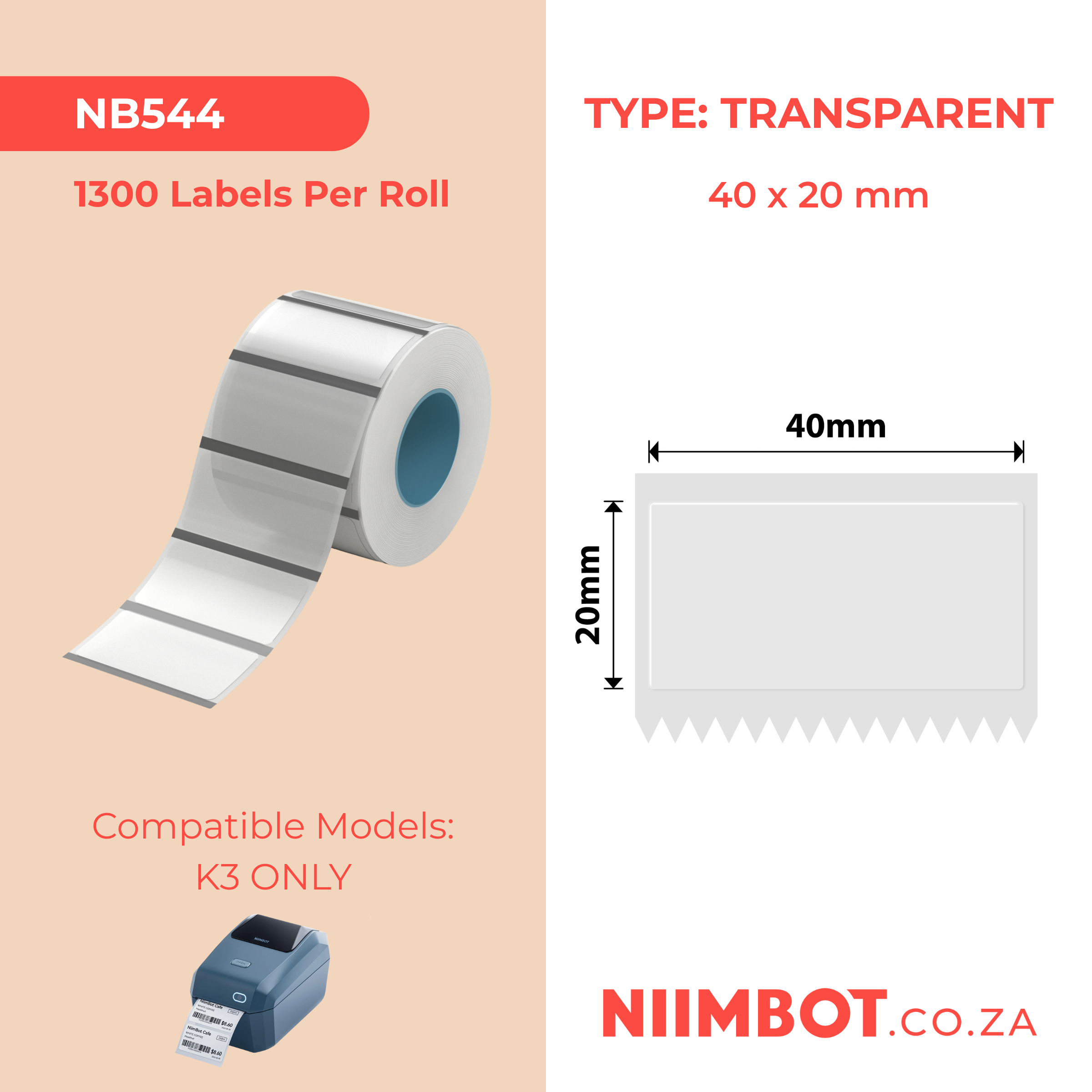NIIMBOT - K Range - 40x20mm - Transparent - 1,300 Labels