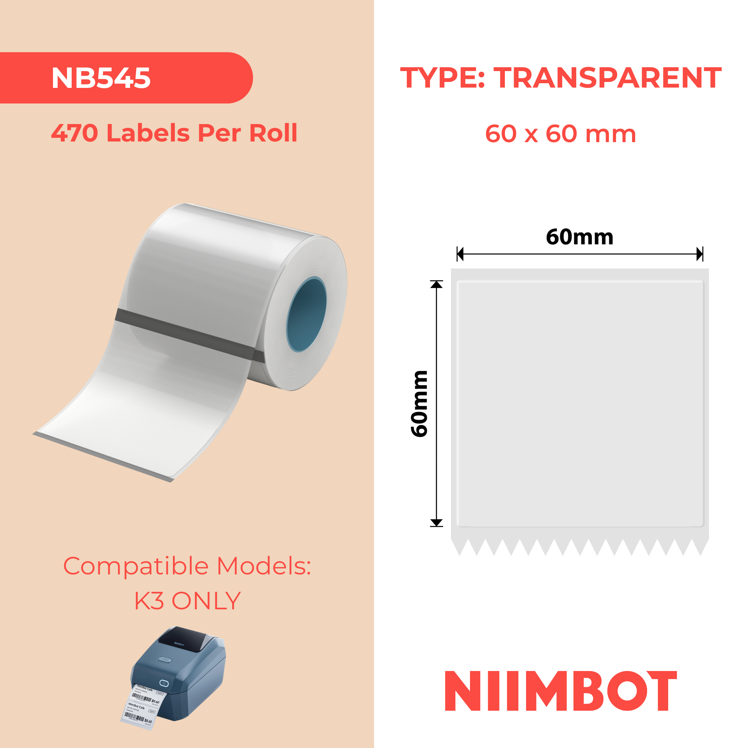 NB545 - NIIMBOT - K2 / K3 - TT60X60MM - 470 LABELS PER ROLL - TRANSPARENT