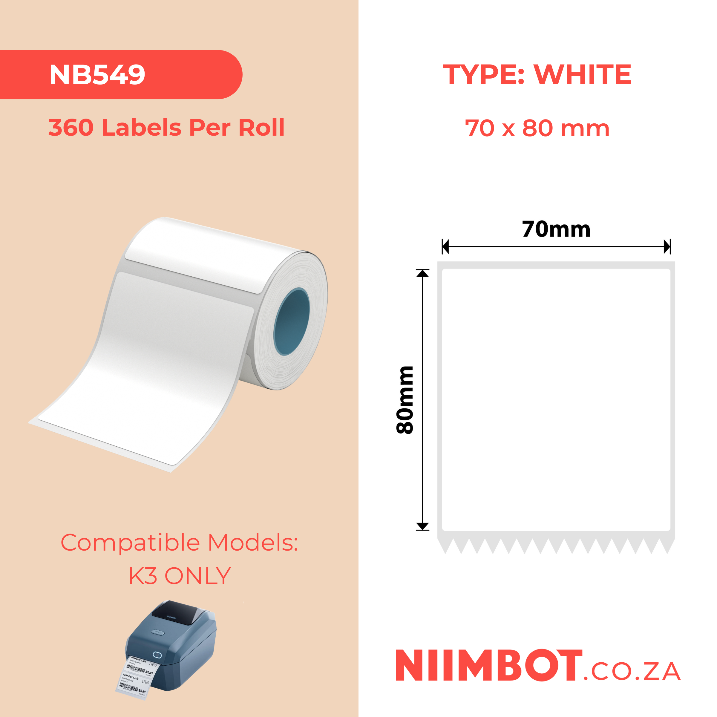 NB549 - Niimbot - K3 Only - 70x80mm - 360 White Labels