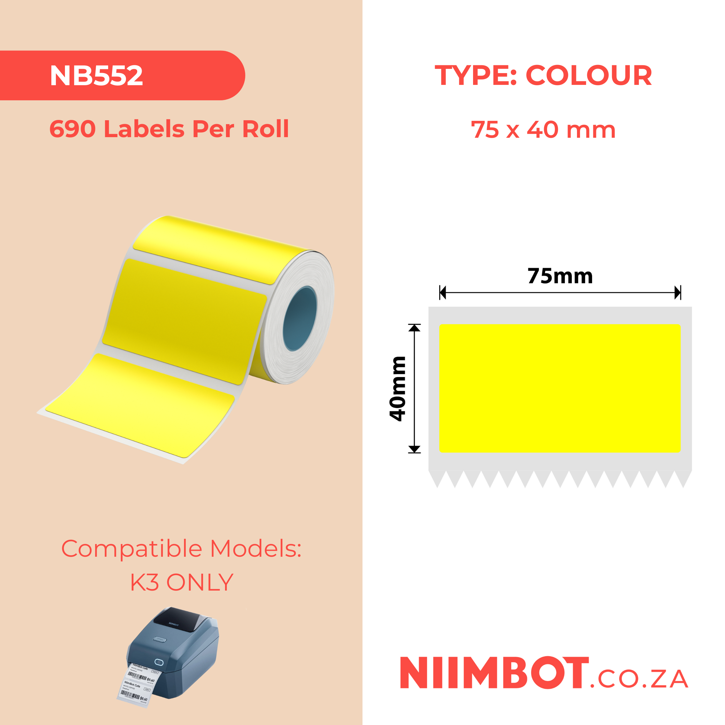 NIIMBOT - K3 Only - 75x40mm - Yellow - 690 Labels