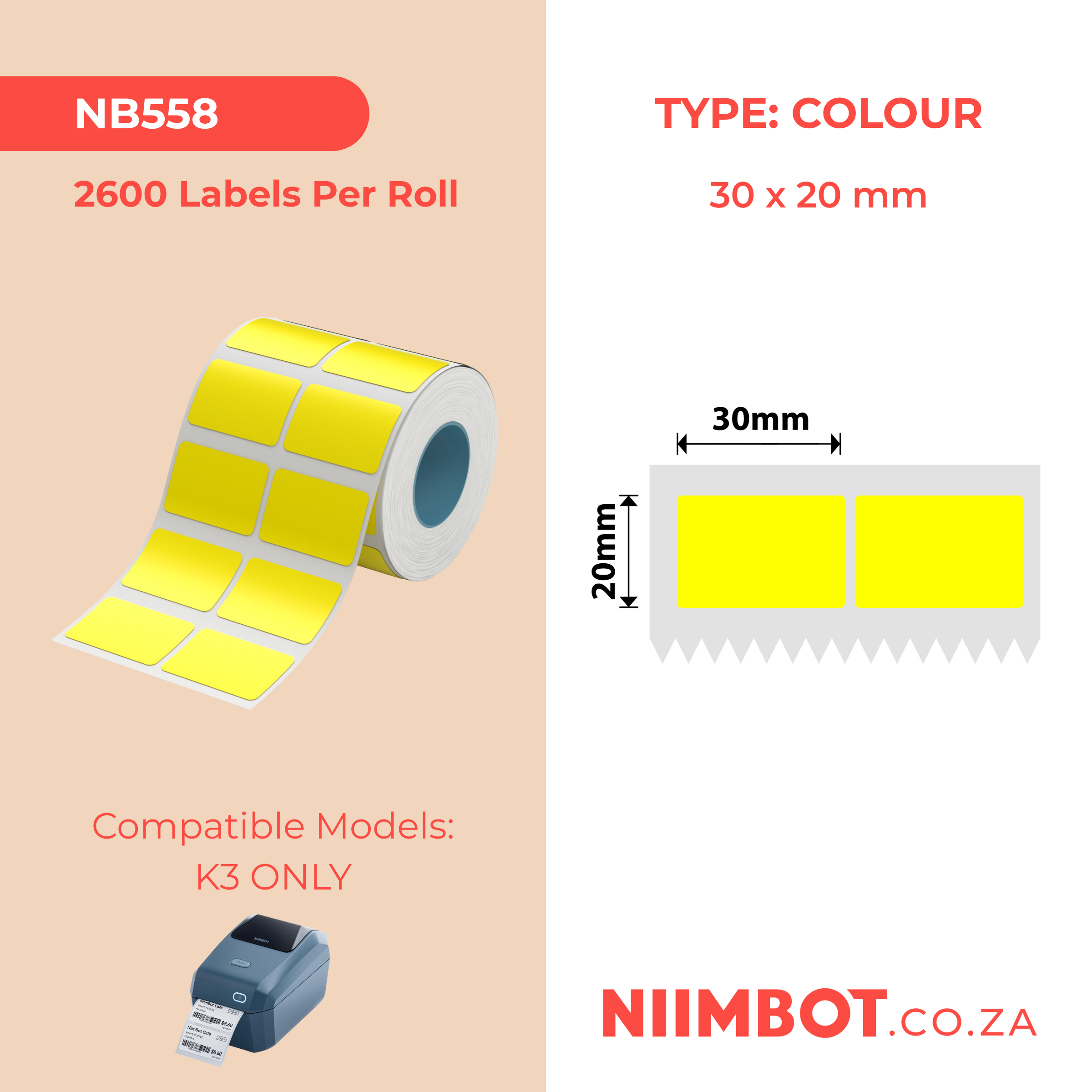 NIIMBOT - K3 Only - 30x20mm/2L - Yellow - 2,600 Labels