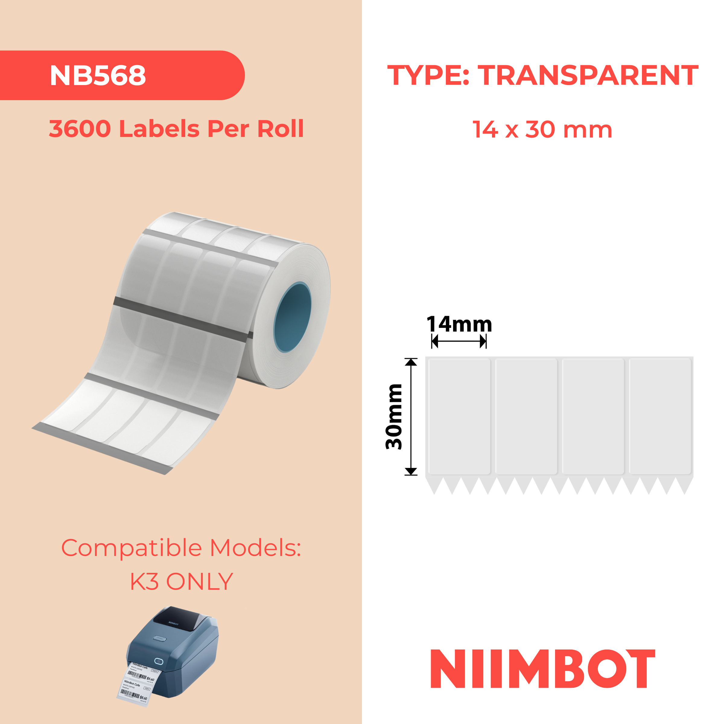 NIIMBOT - K3 Only - 14x30mm/4L - Transparent - 3,600 Labels