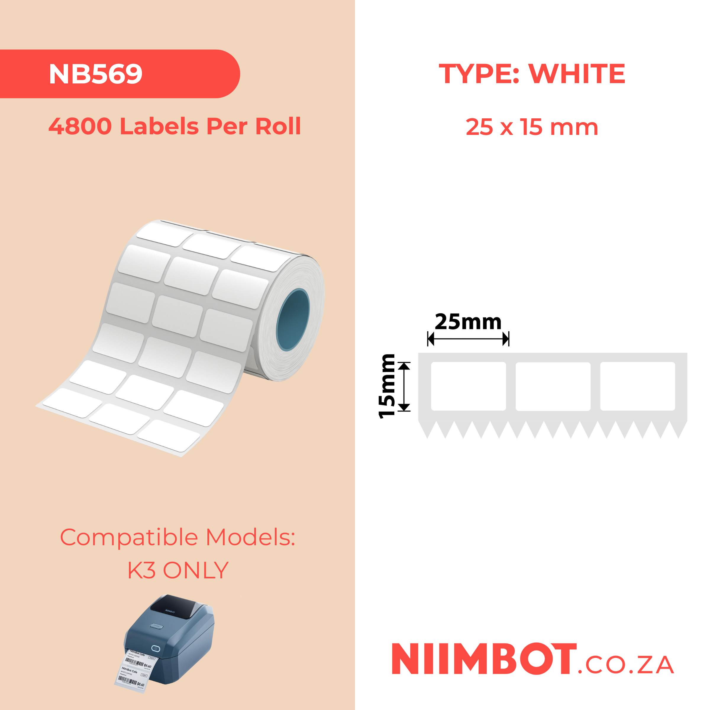 NB569 - Niimbot - K3 Only - 25x15mm/3L - 4,800 White Labels