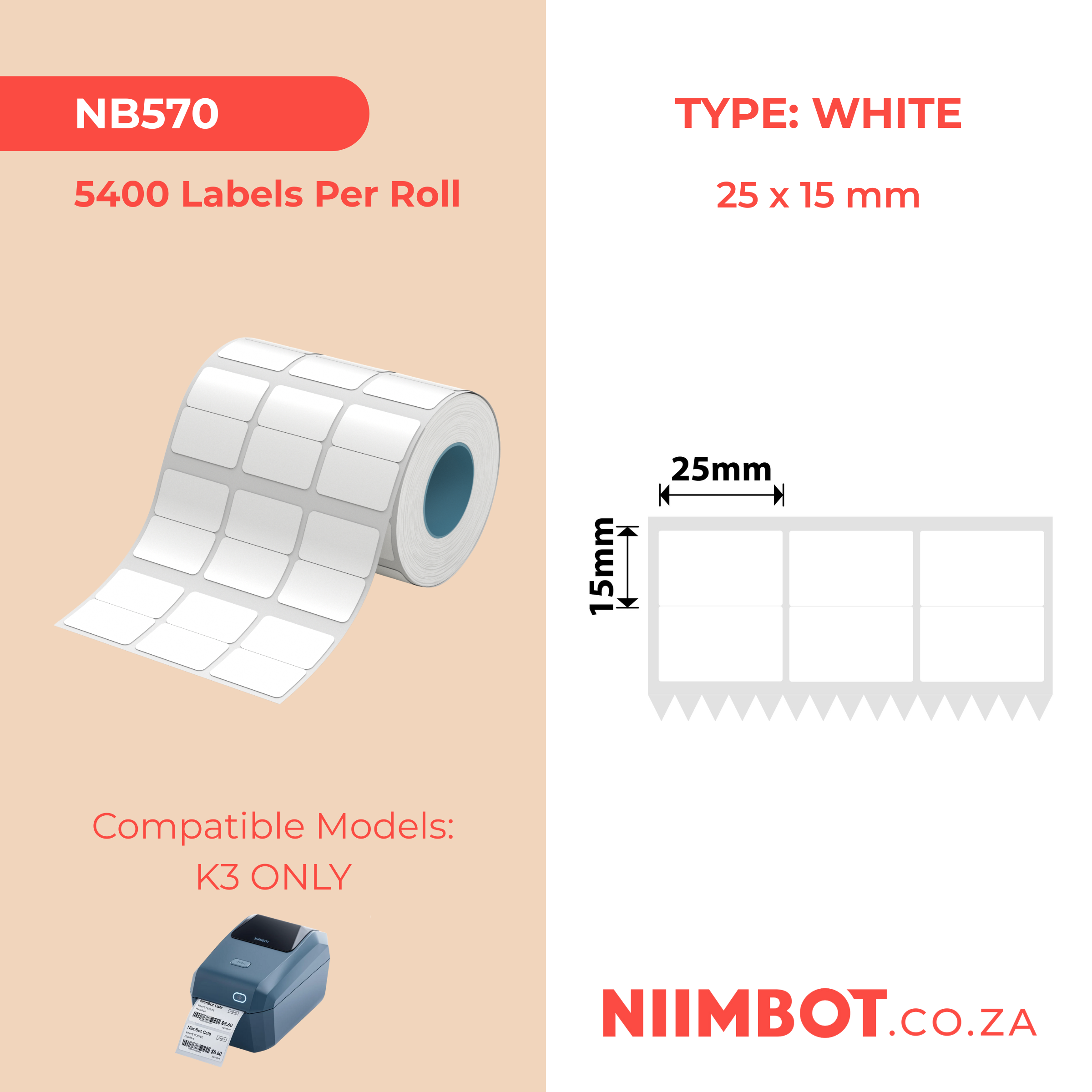 NB570 - Niimbot - K3 Only - 25x15mm/3L2R - 5,400 White Labels