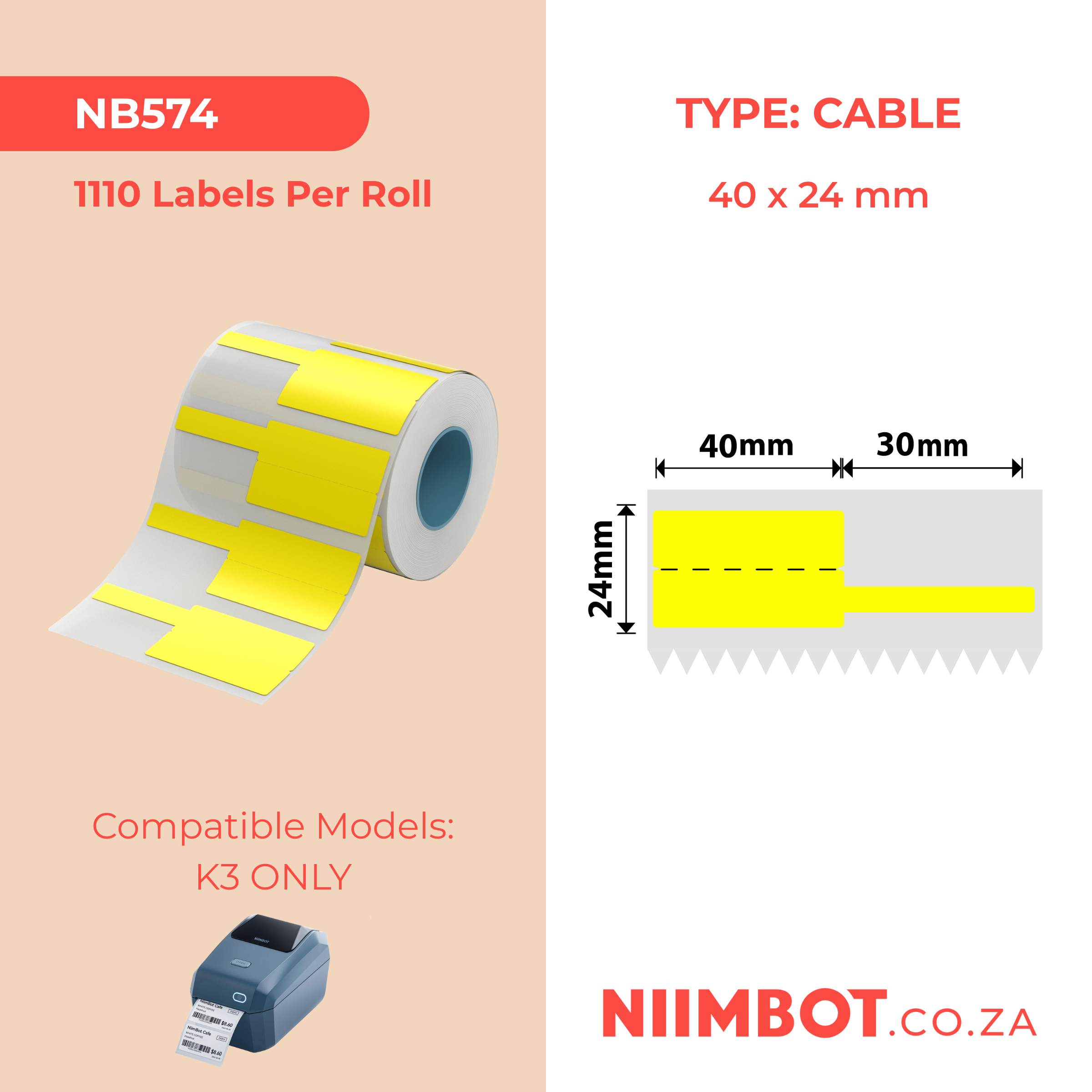 NIIMBOT - K3 Only - 40x24+30mm - Yellow Cable - 1,110 Labels