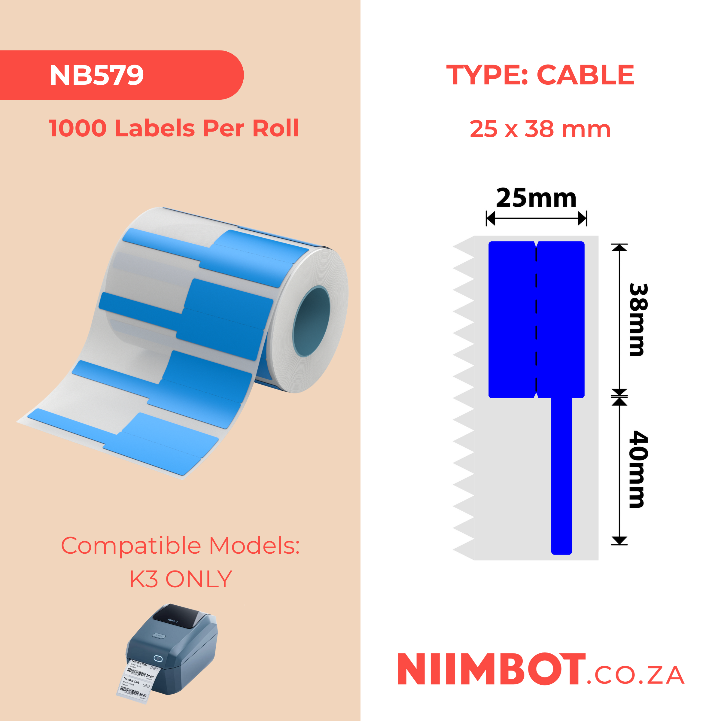 NB579 - Niimbot - K3 Only - 38x25+40mm - 1,000 Blue Cable Labels