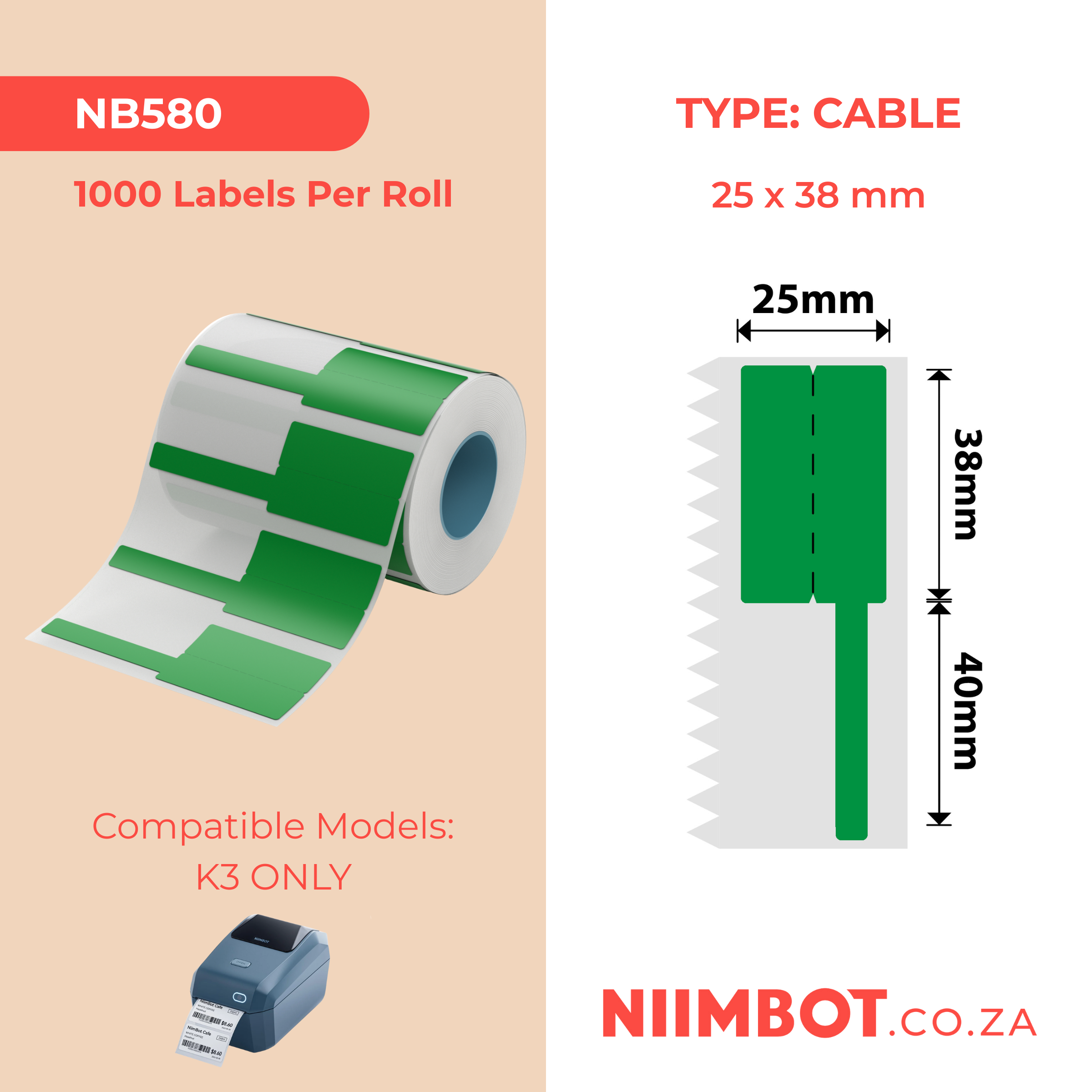 NIIMBOT - K3 Only - 38x25+40mm - Green Cable - 1,000 Labels