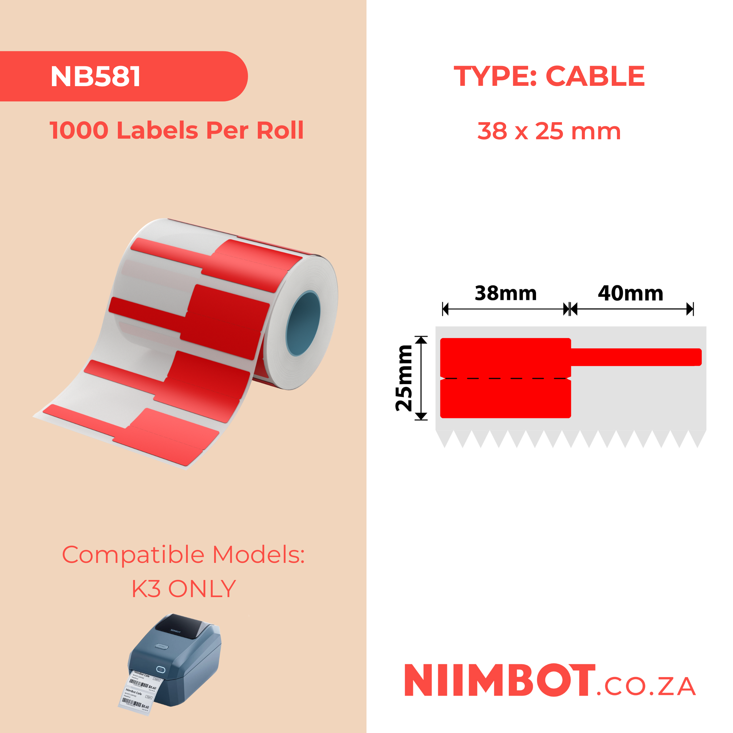 NIIMBOT - K3 Only - 38x25+40mm - Red Cable - 1,000 Labels