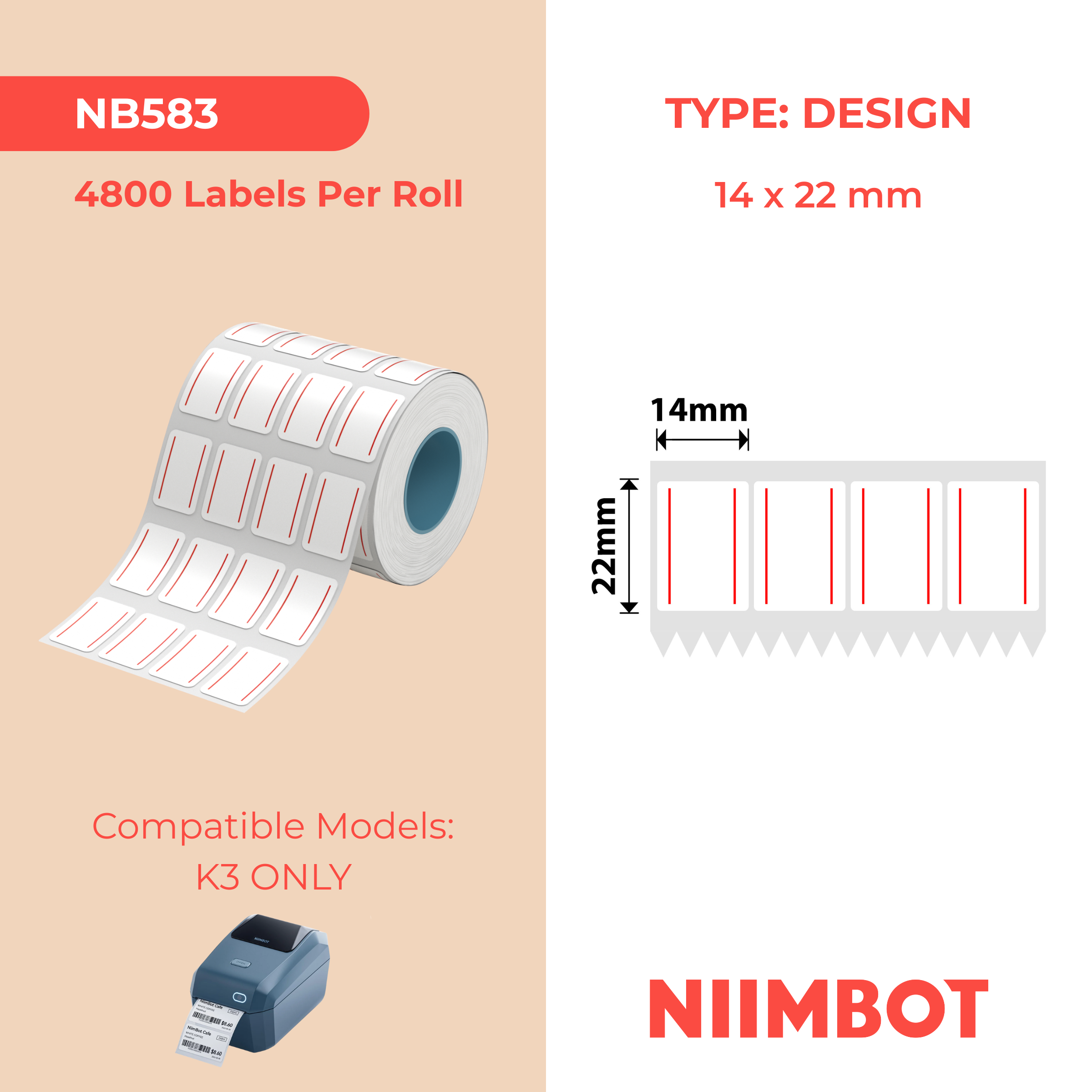 NIIMBOT - K3 Only - 14x22mm/4L - Red Double Line - 4,800 Labels