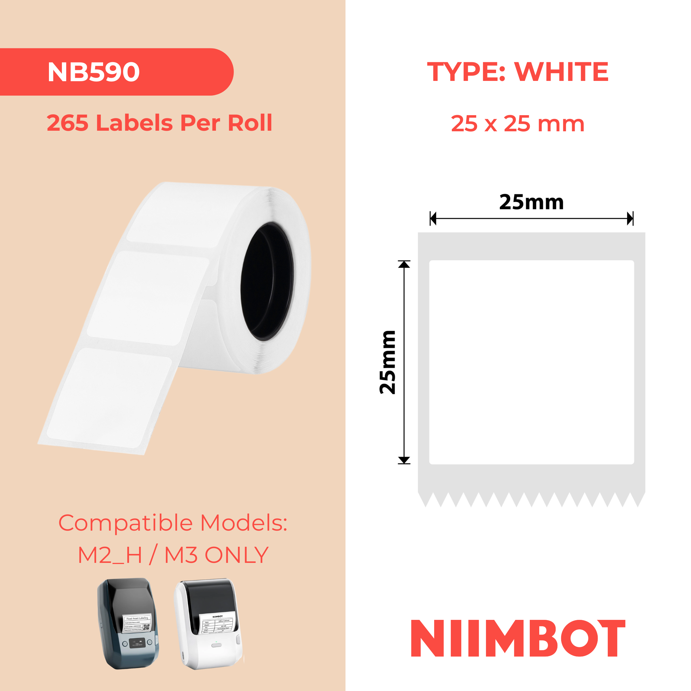 NB590 - NIIMBOT - M2 / M3 - EW25X25MM - 265 THERMAL TRANSFER LABELS - WHITE - PET