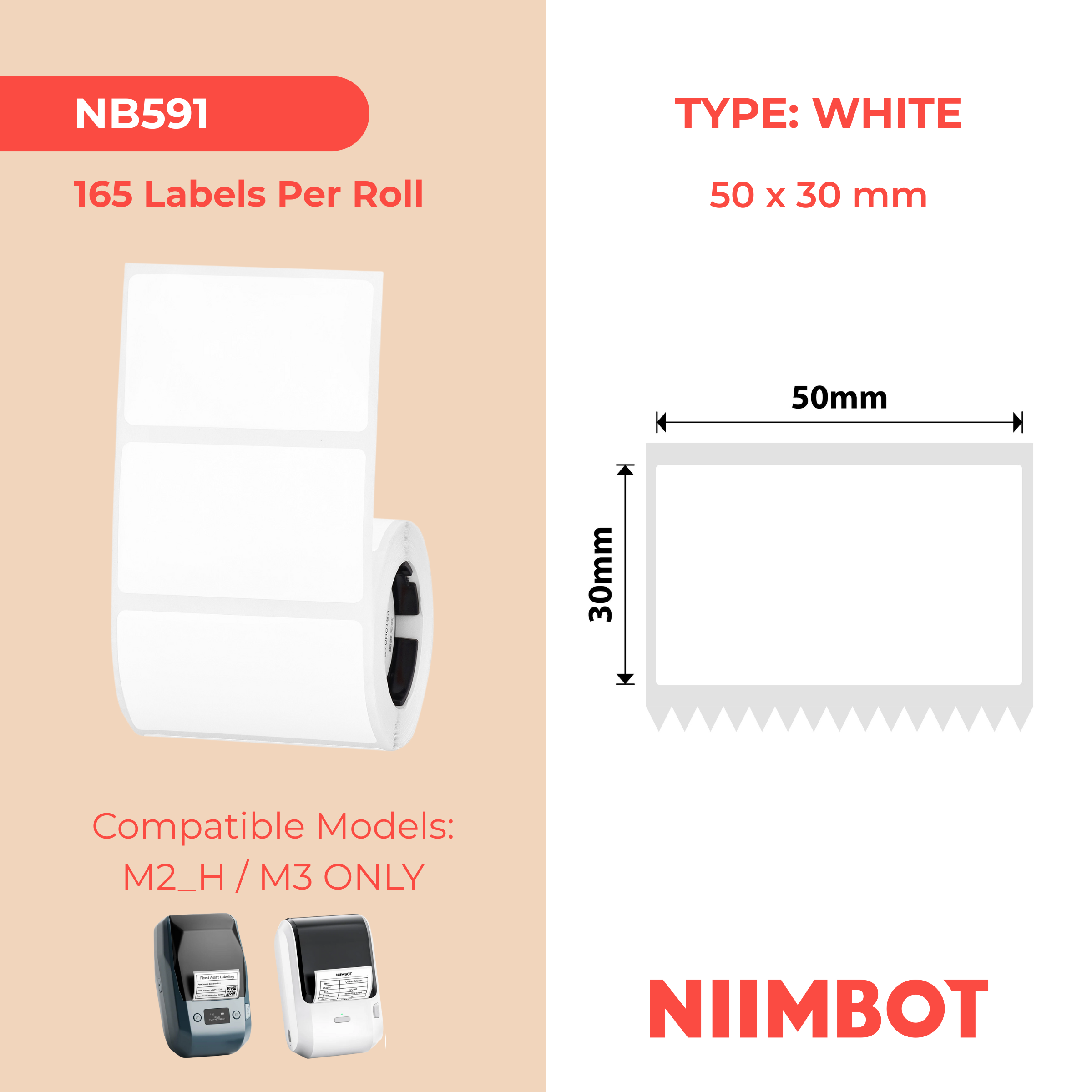 NB591 - Niimbot - M2 / M3 - 50x30mm - 165 White PVC Labels