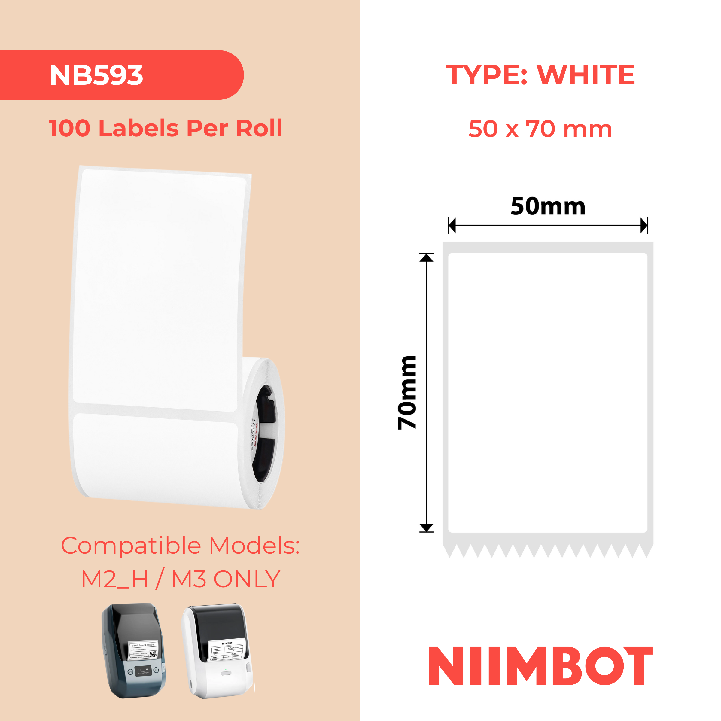 NB593 - NIIMBOT - M2 / M3 - 50X70MM - 100 WHITE PET LABELS