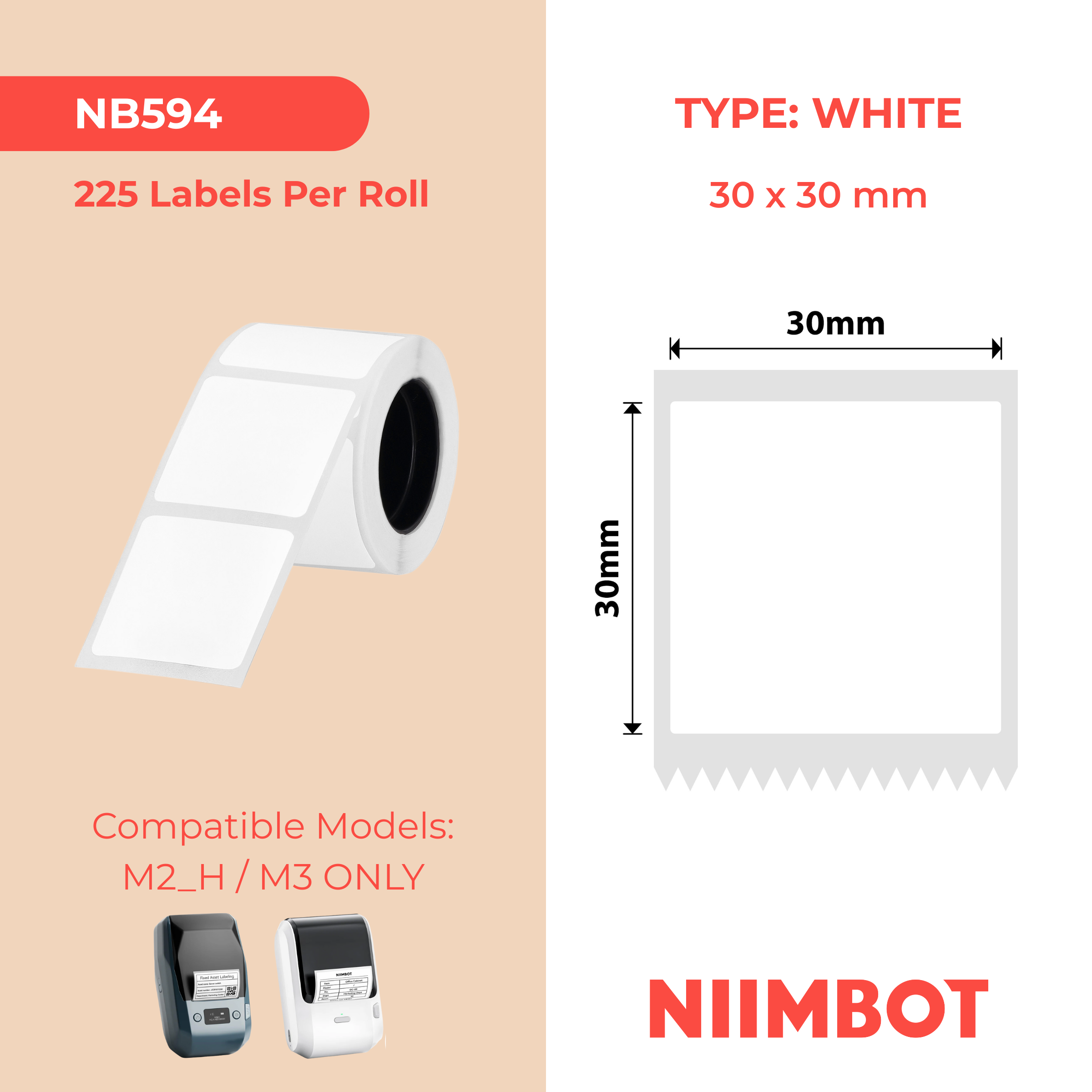NB594 - NIIMBOT - M2 / M3 - EW30X30MM - 225 THERMAL TRANSFER LABELS - WHITE - SQUARE - PET