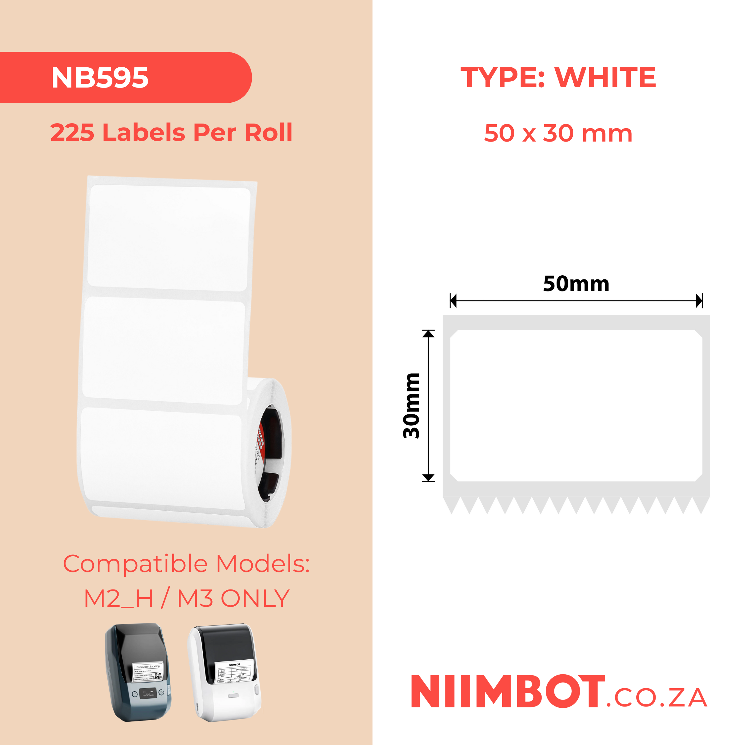 NB595 - Niimbot - M2 / M3 - 50x30mm - 225 White PET Labels