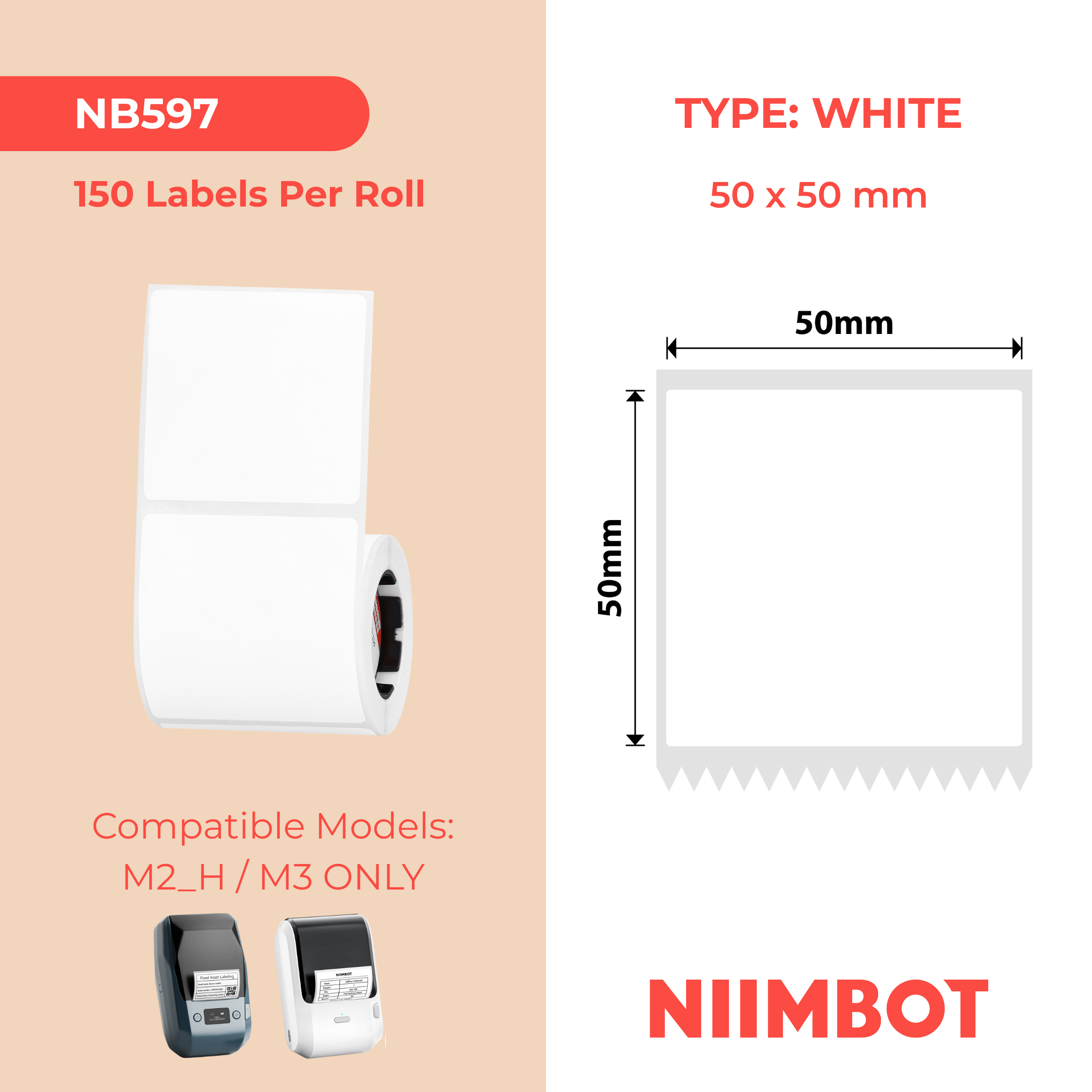 NB597 - NIIMBOT - M2 / M3 - EW50X50MM - 150 THERMAL TRANSFER LABELS - WHITE - SQUARE - PET