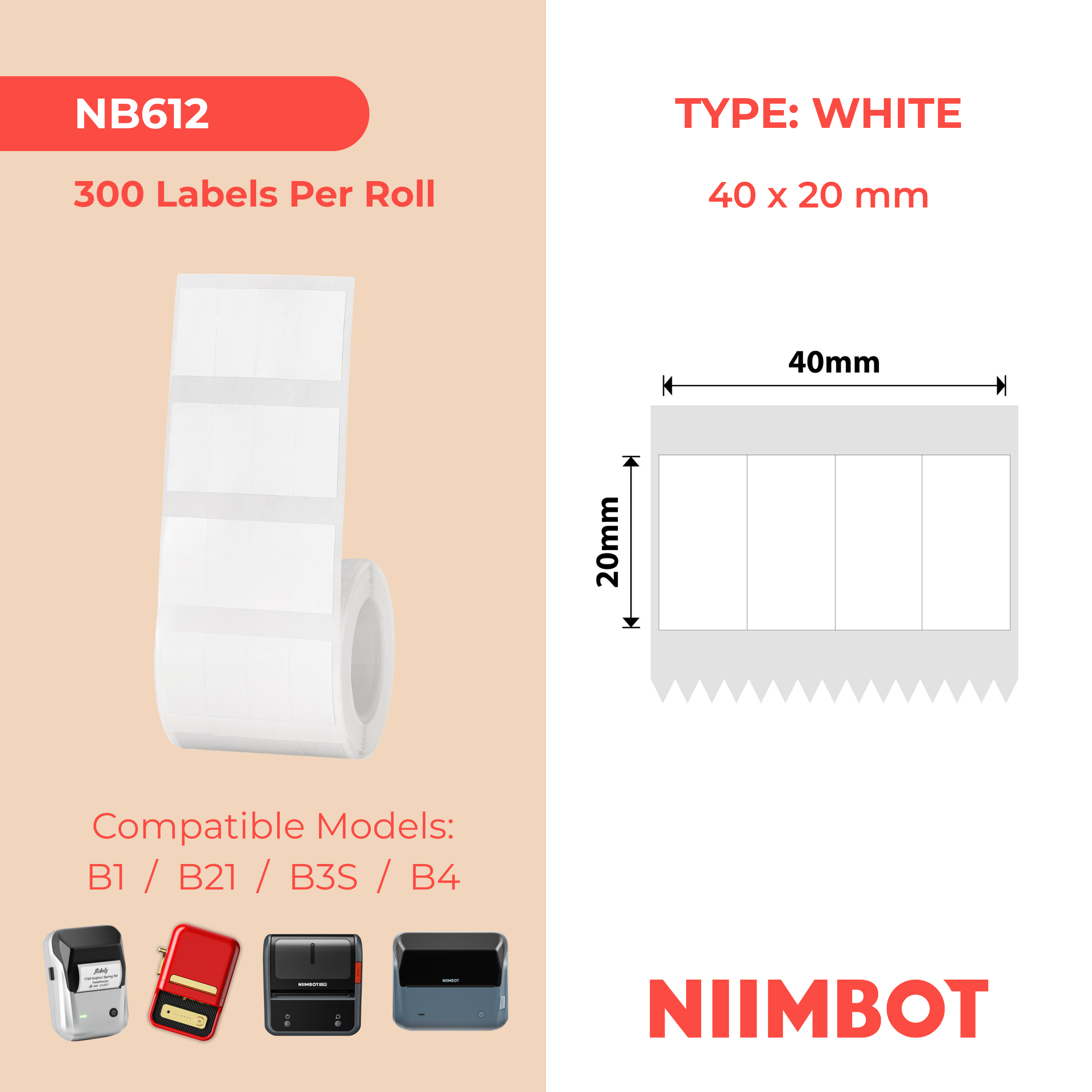 NB612 - Niimbot - B1 / B21 / B3S / B4 - 40x20mm - (10x20mm/4) - 1,200 White Labels