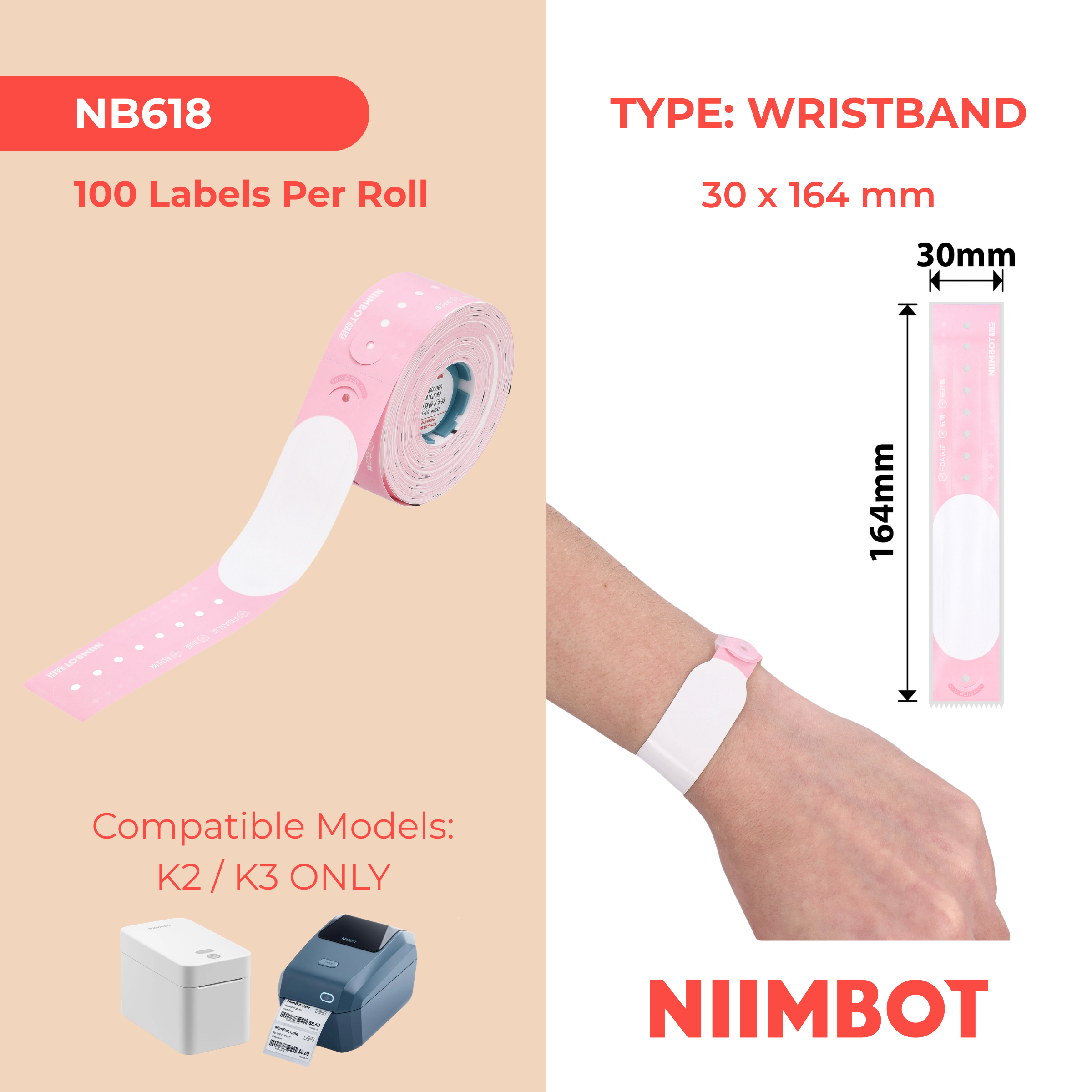 NIIMBOT - K Range - 30x164mm - 100 Newborn Pink Wristbands