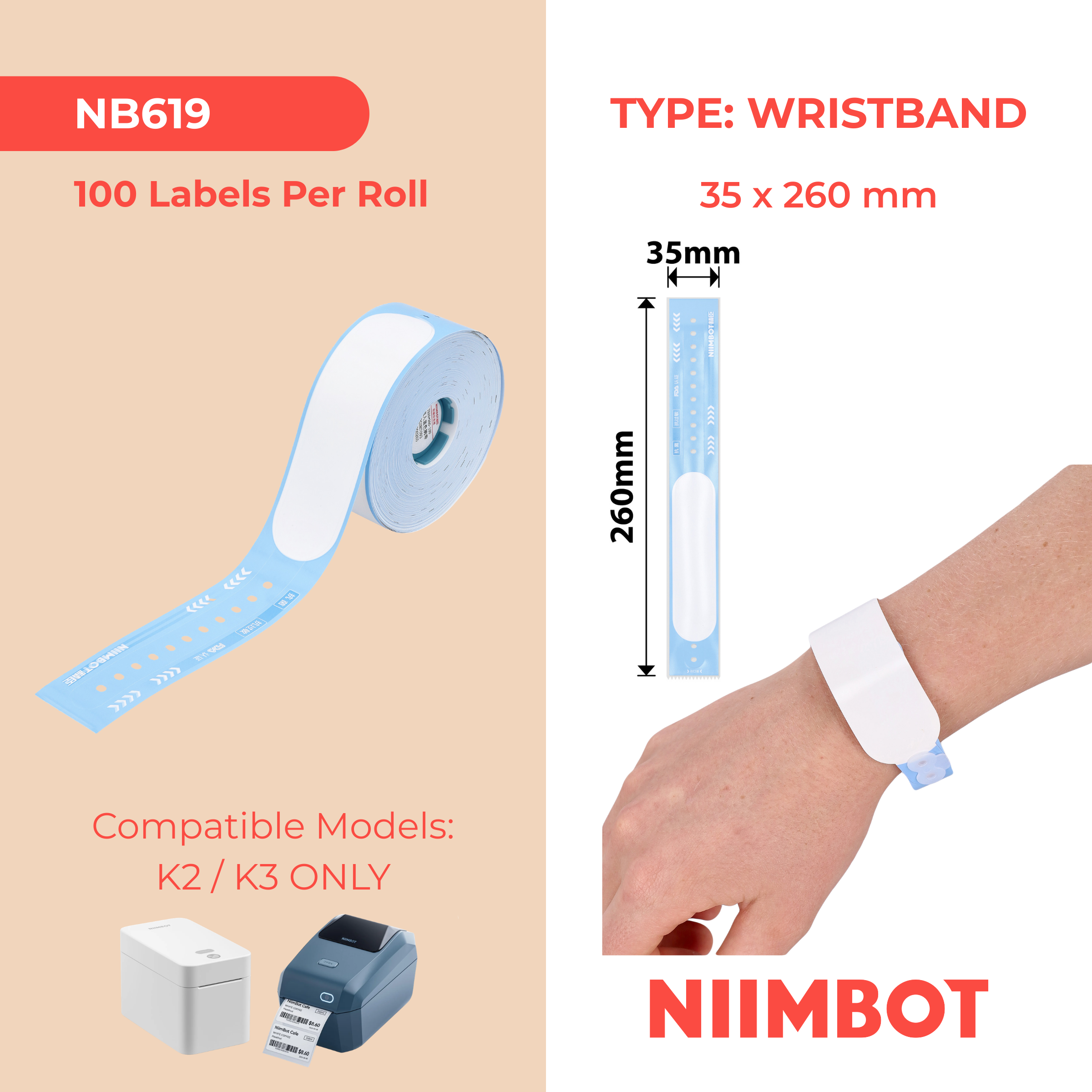 NIIMBOT - K Range - 35x260mm - 100 Adult Blue Wristbands