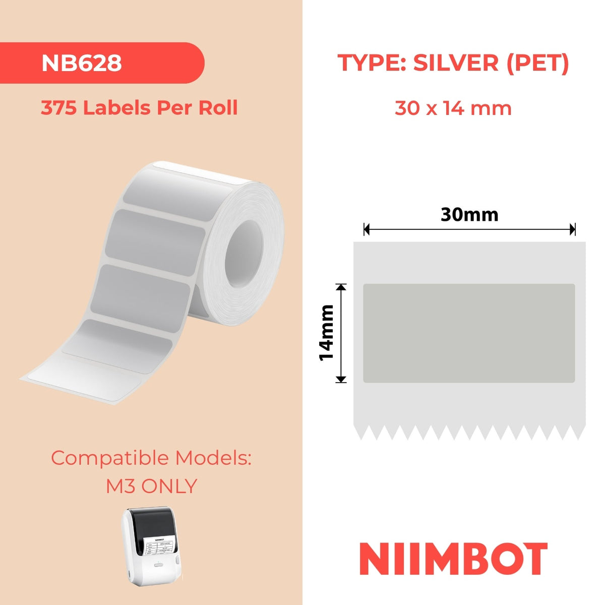 NIIMBOT - M Range - 30x14mm - Matte Silver - 375 Labels