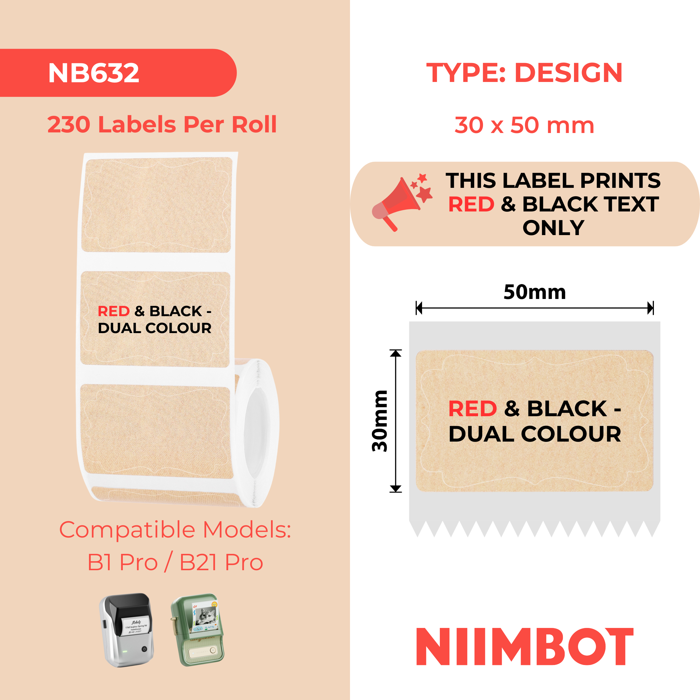 NIIMBOT - B Pro Range - 50x30mm - Kraft Red & Black Text Dual Colour Vintage Frame - 230 Labels