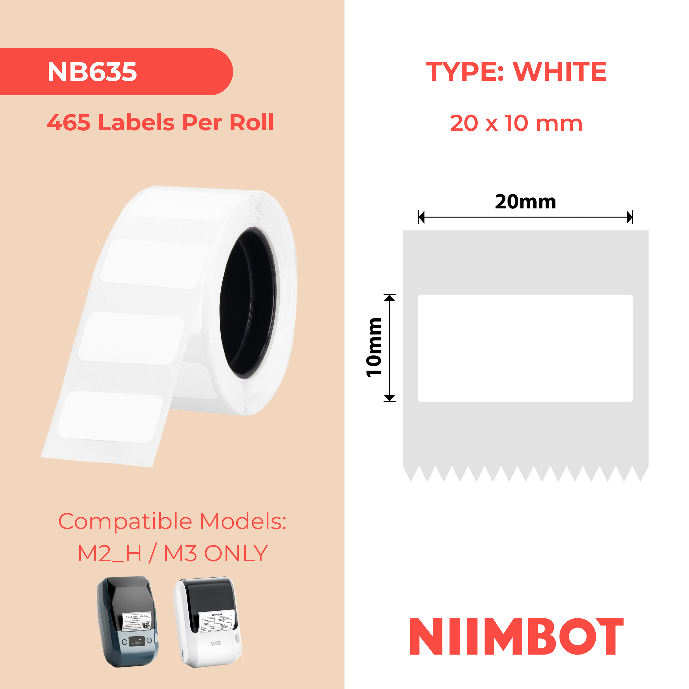 NB635 - Niimbot - M2 / M3 - 20x10mm - 500 White Labels