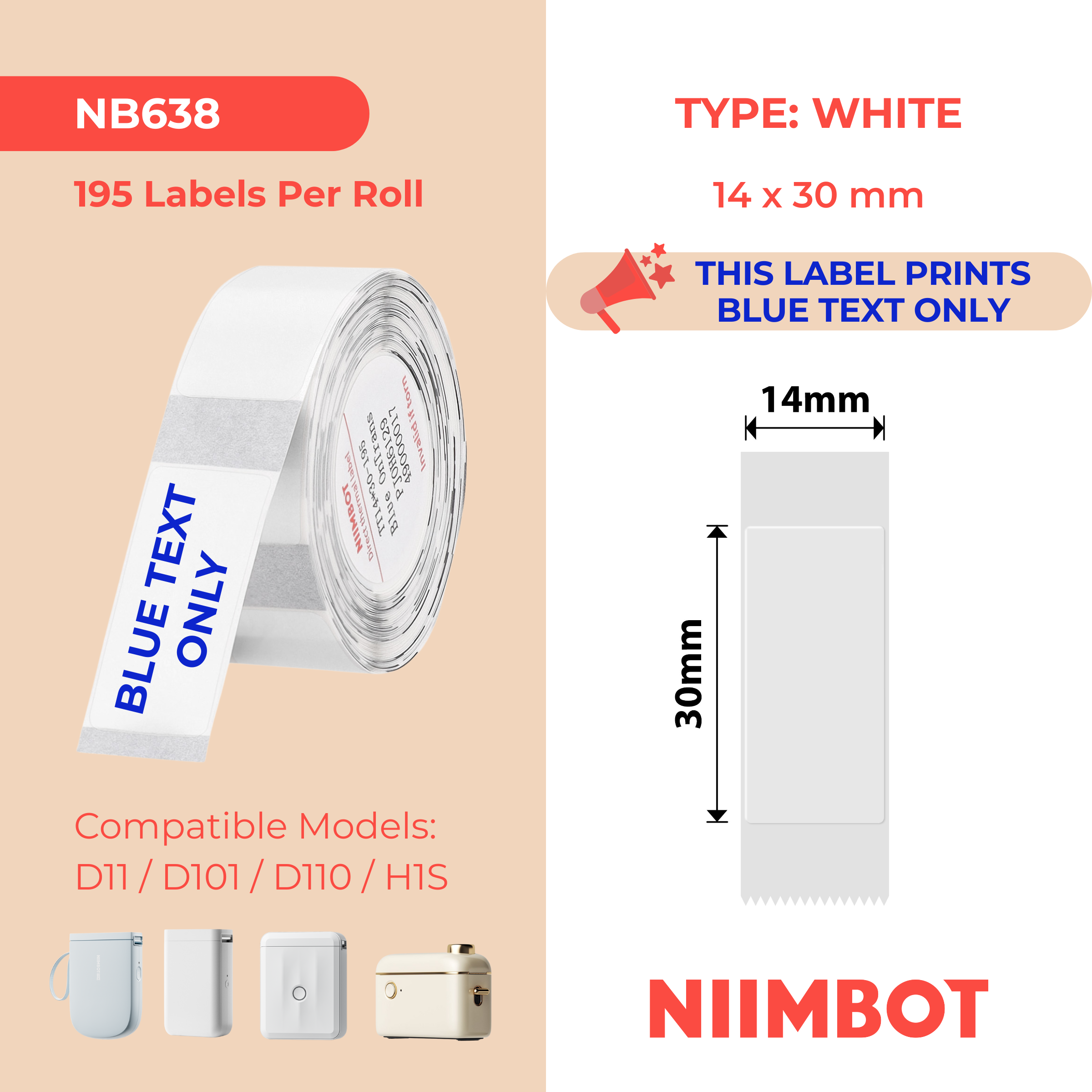 NIIMBOT - D Range - 14x30mm - Transparent Blue Text - 195 Labels