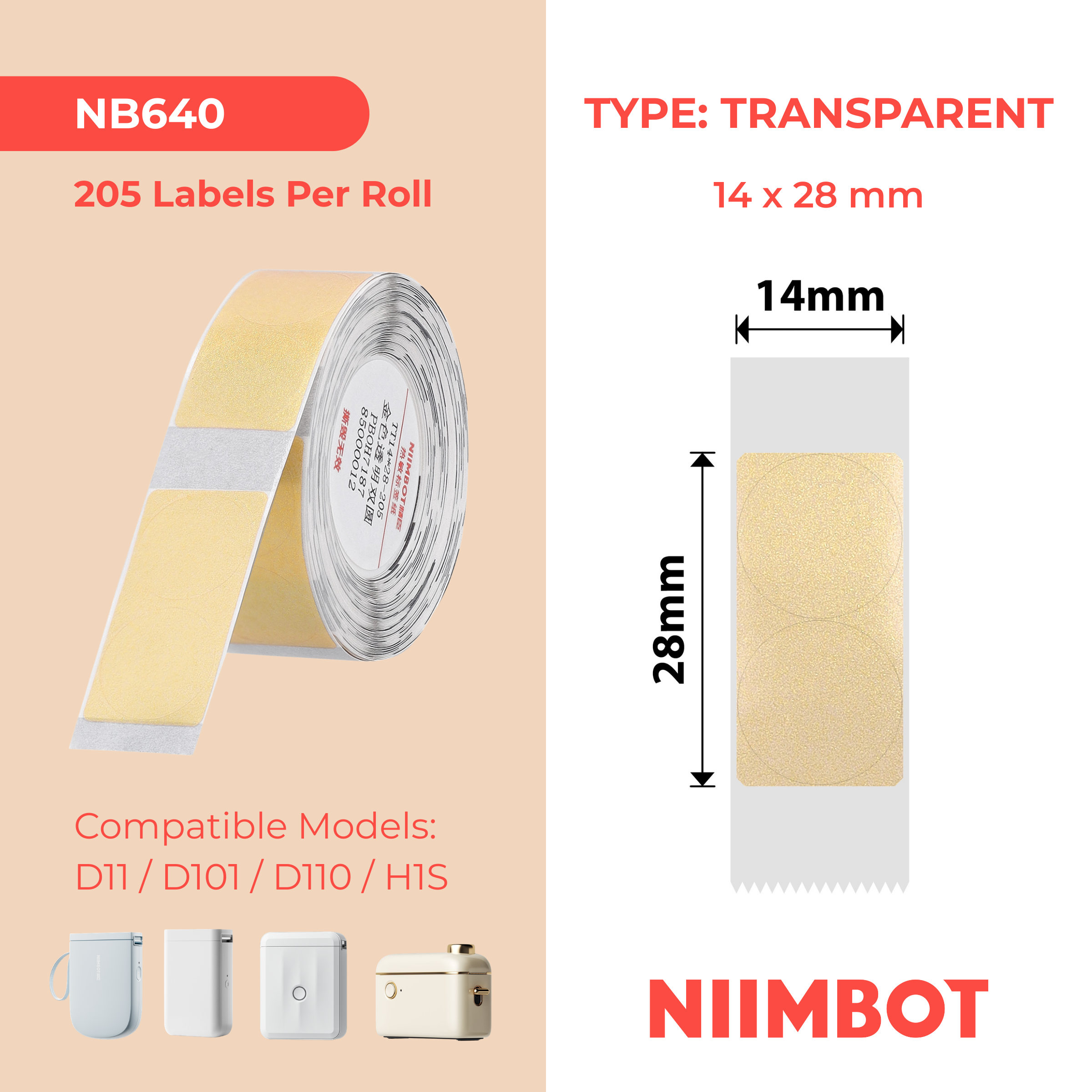 NIIMBOT - D Range - 14x28mm - Round Gold Transparent - 205 Labels
