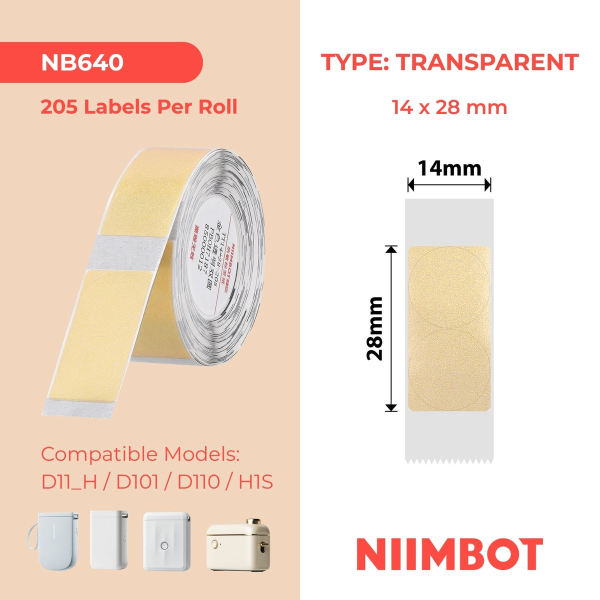 NIIMBOT - D Range - 14x28mm - Round Gold Transparent - 205 Labels