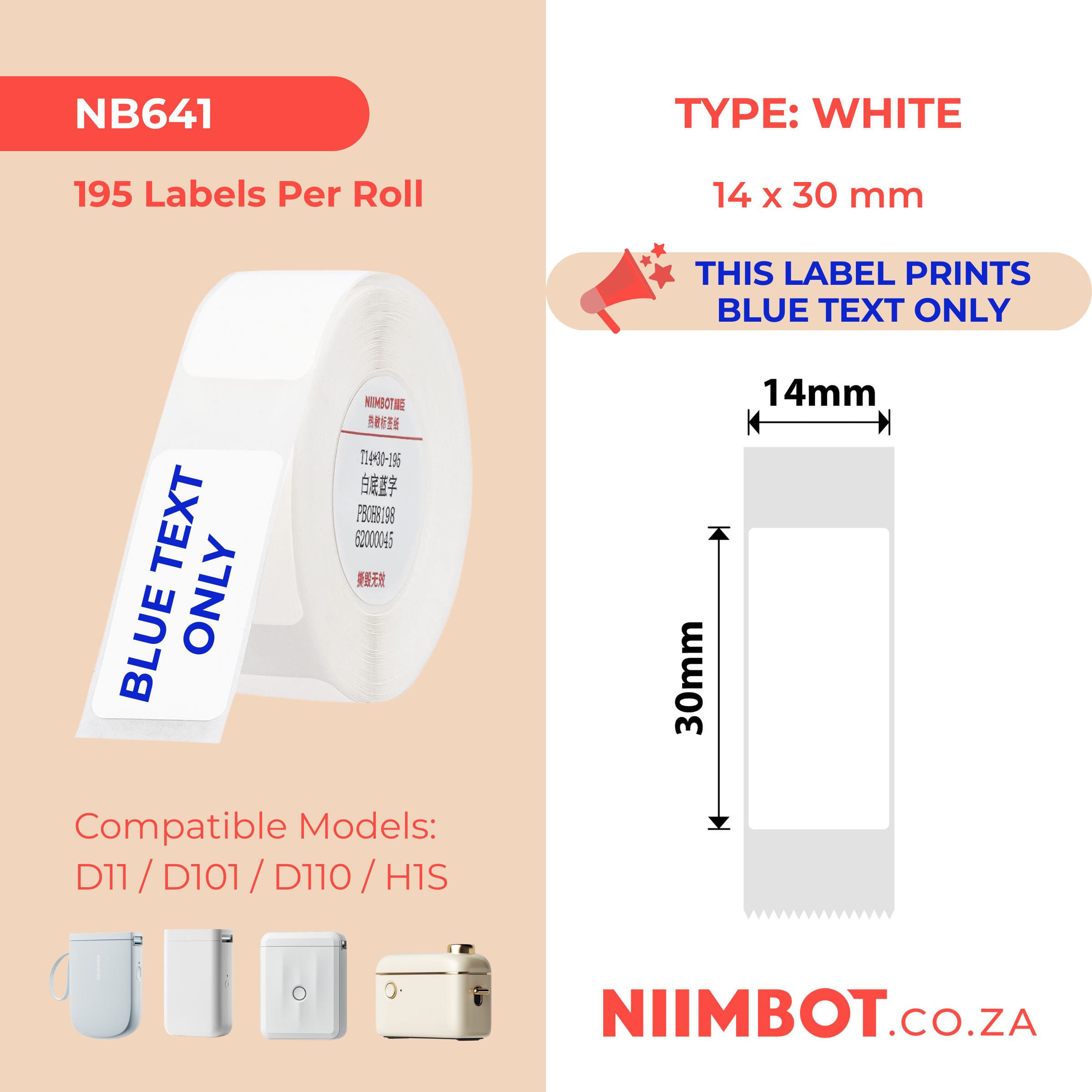 NB641 - NIIMBOT - D11 / D101 / D110 / H1S - T14X30MM - 195 LABELS PER ROLL - WHITE - BLUE TEXT ONLY - RECTANGLE