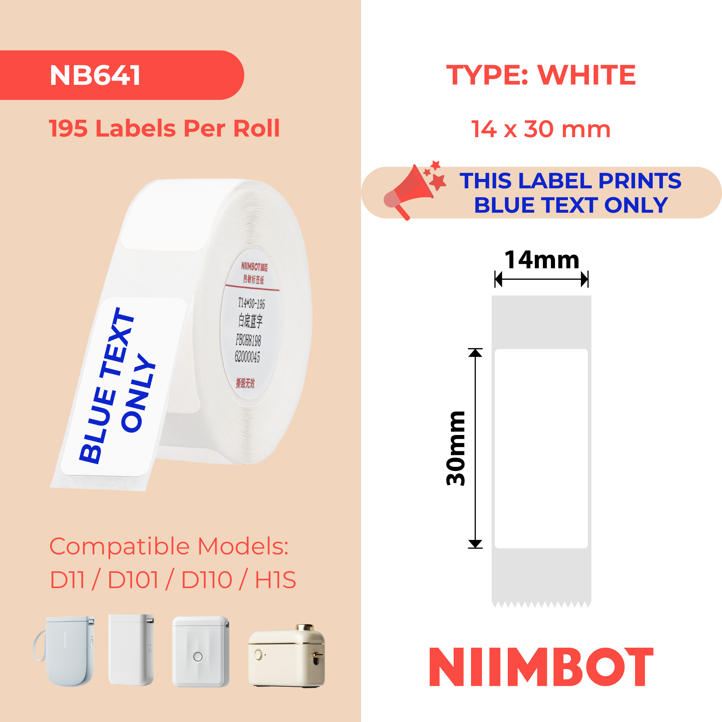 NB641 - Niimbot - D11 / D101 / D110 / H1S - 14x30mm - 195 White Blue Text Only Labels